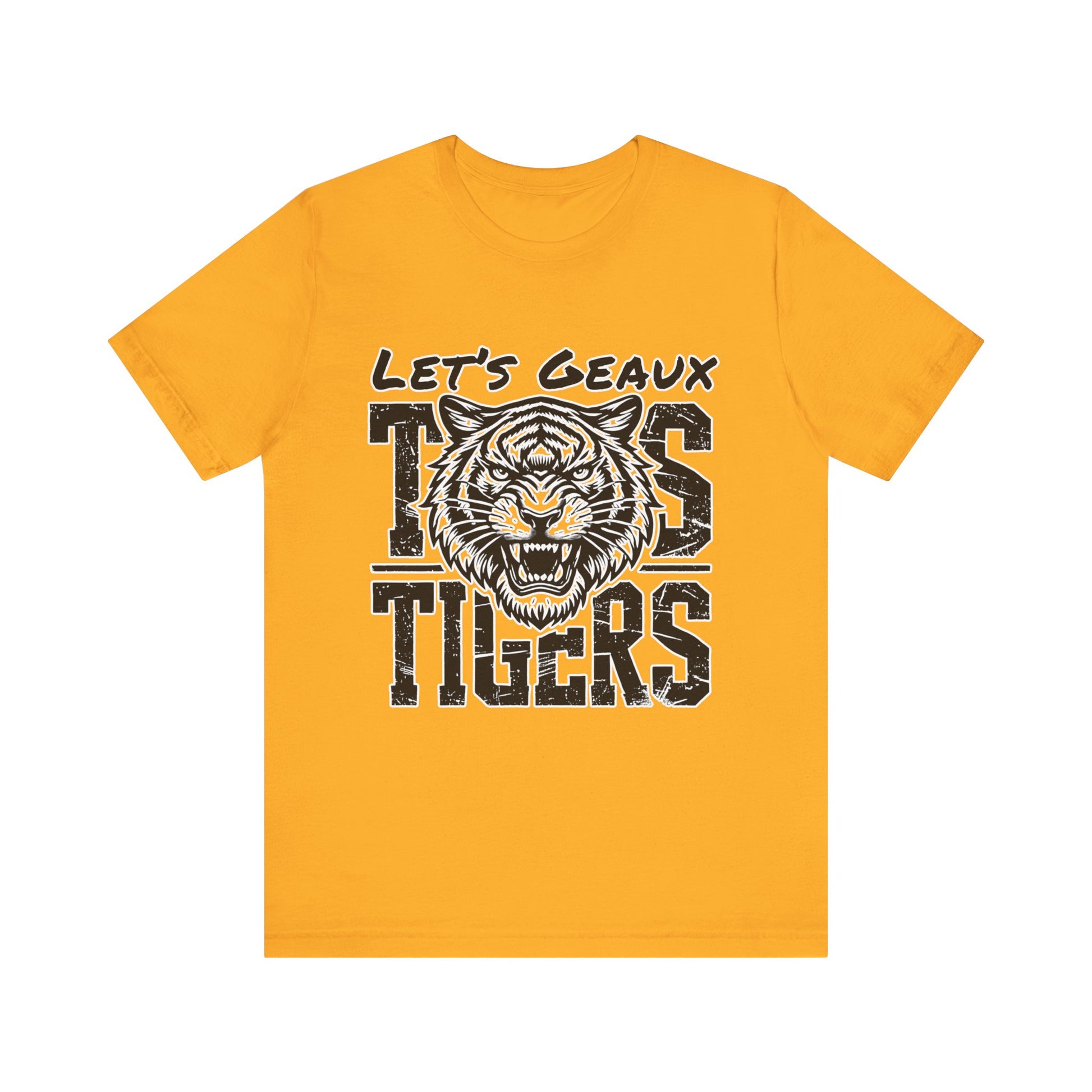 Yellow t-shirt with a tiger graphic and text on a white background Let's Geaux Tigers T-Shirt - Fierce Tiger Graphic Game Day Tee