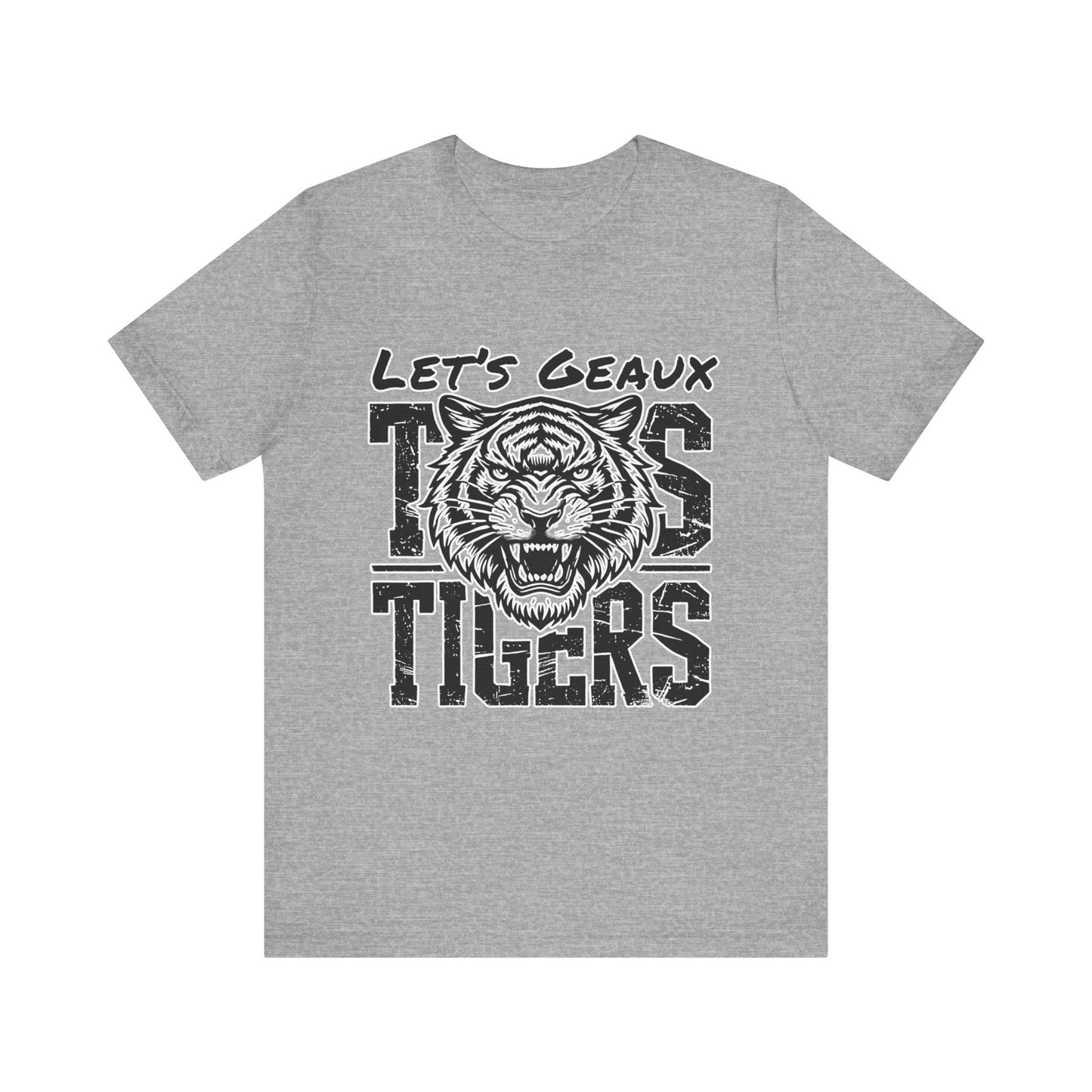 Gray t-shirt with a tiger graphic and text on a white background Let's Geaux Tigers T-Shirt - Fierce Tiger Graphic Game Day Tee