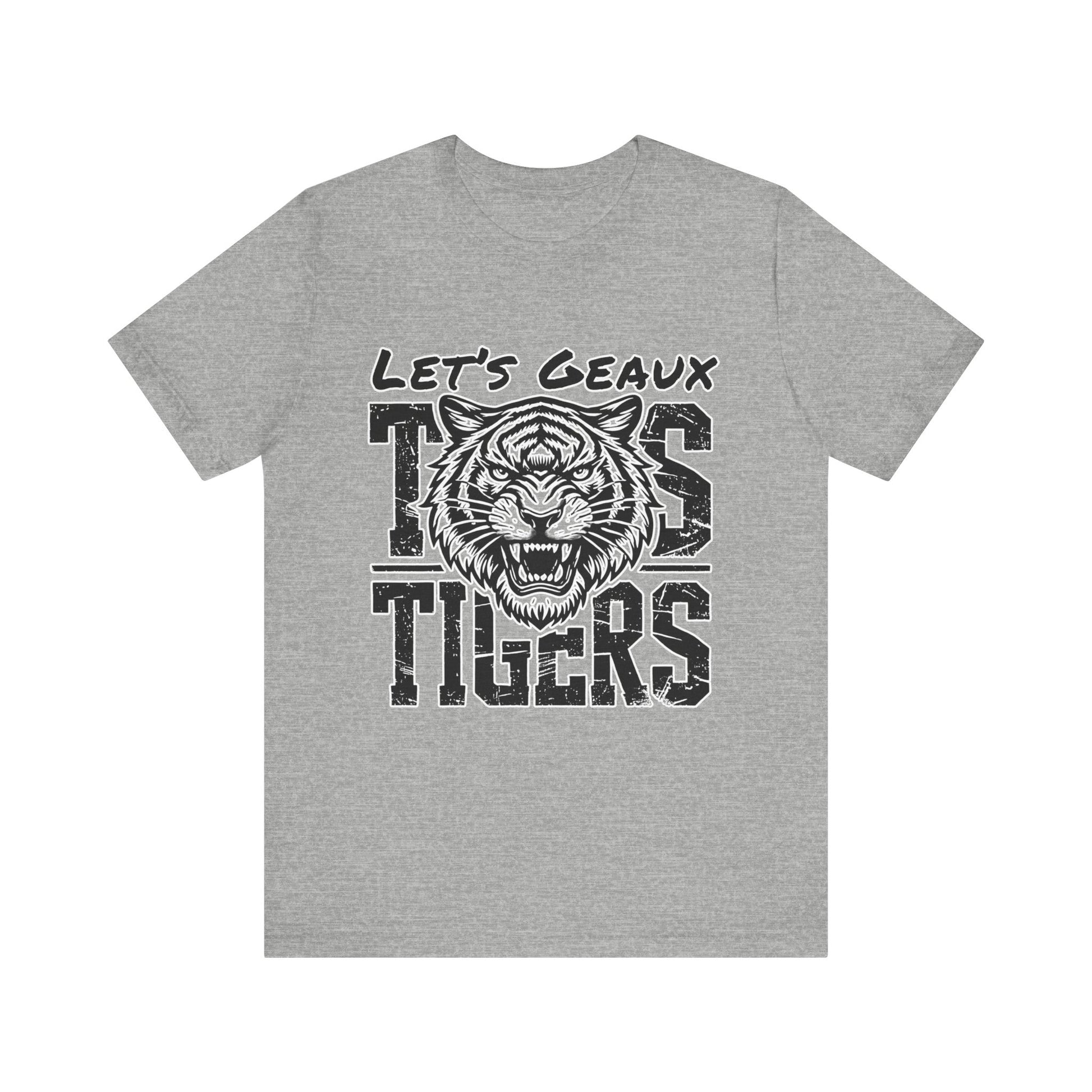 Gray t-shirt with a tiger graphic and text on a white background Let's Geaux Tigers T-Shirt - Fierce Tiger Graphic Game Day Tee