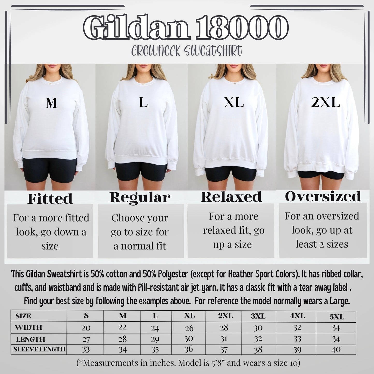 Size chart for Gildan 18000 sweatshirts showing different fits and sizes.