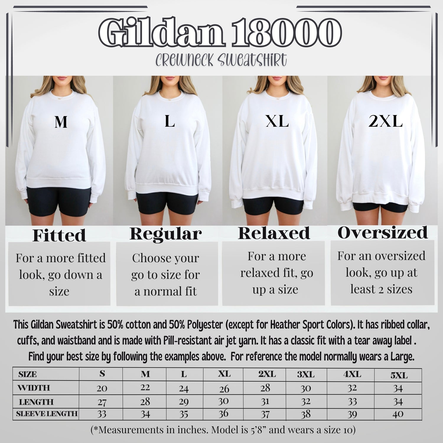 Size chart for Gildan 18000 sweatshirts showing different fits and sizes.