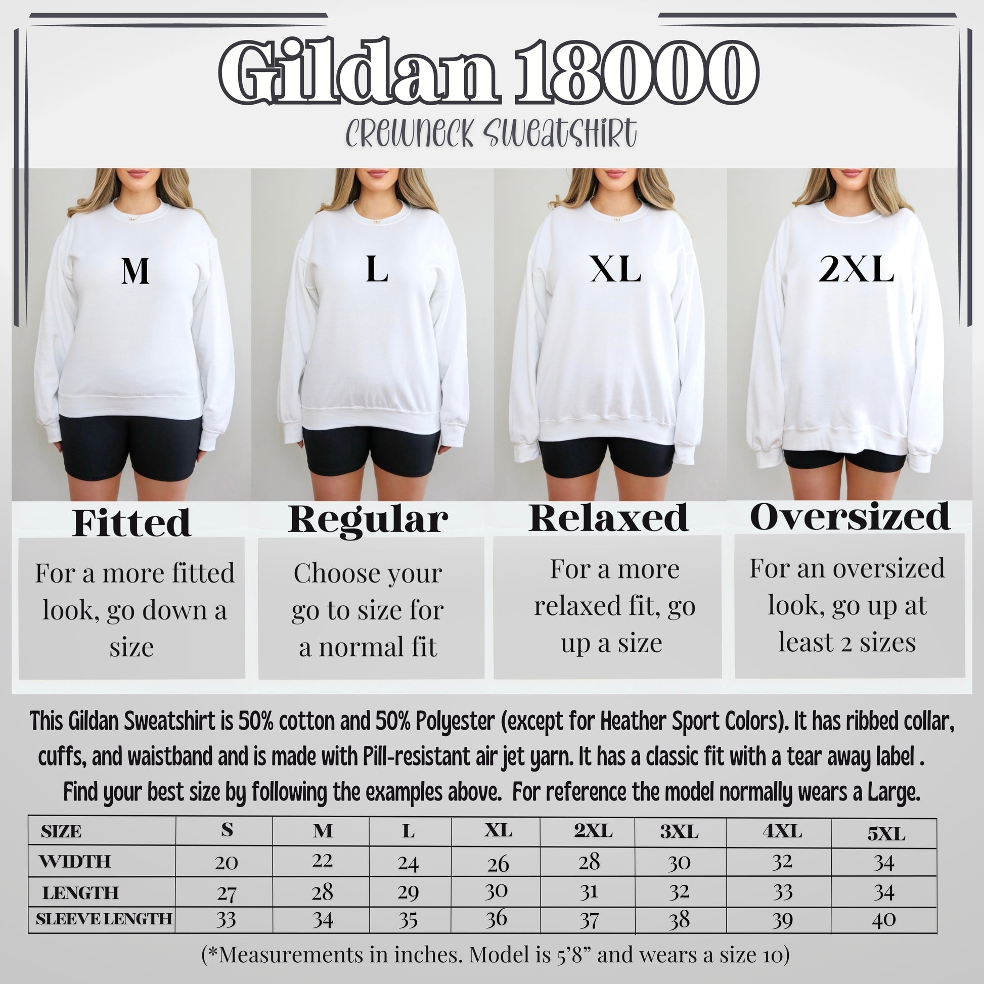Size chart for Gildan 18000 sweatshirts showing different fits and sizes.