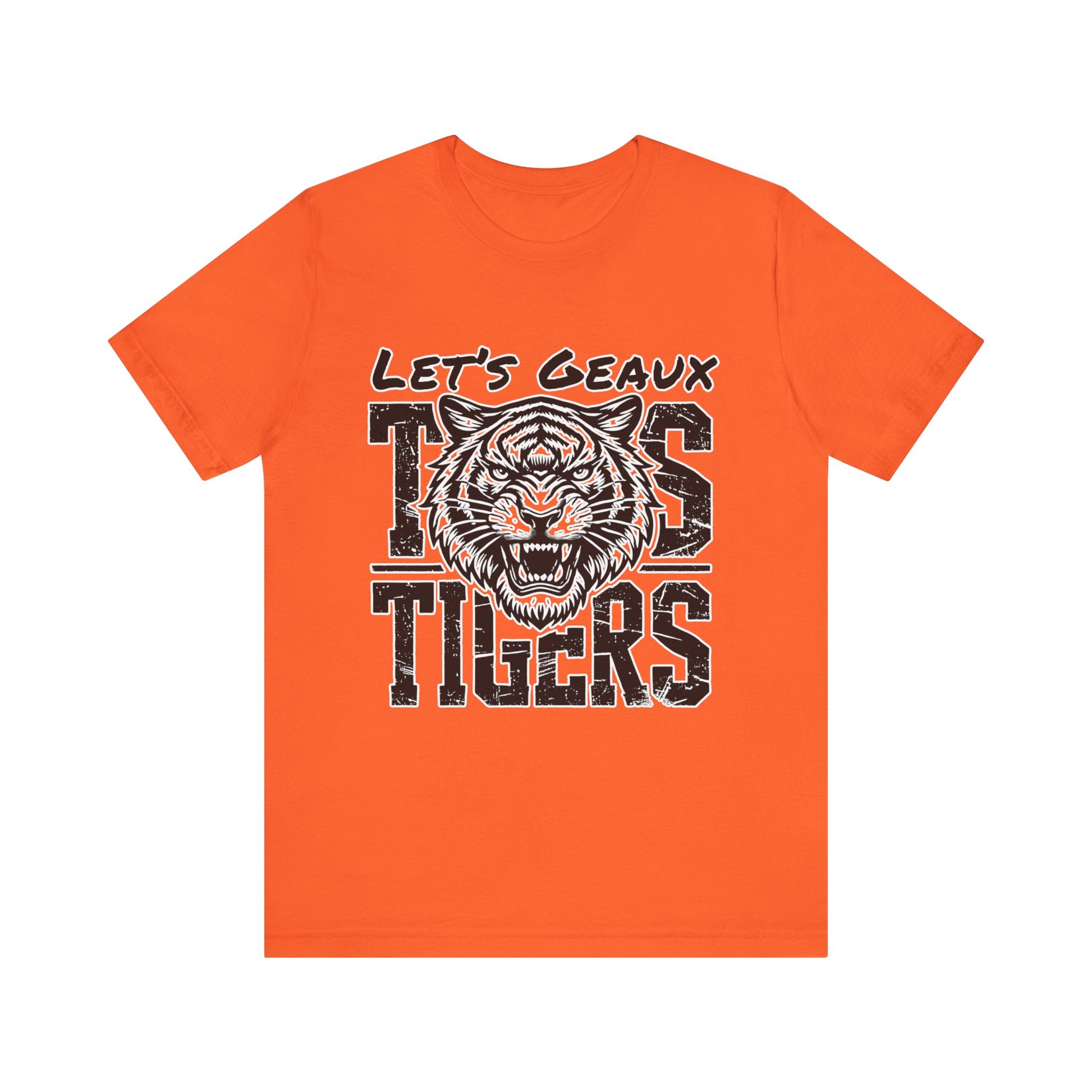 Orange t-shirt with a tiger graphic and text on a white background Let's Geaux Tigers T-Shirt - Fierce Tiger Graphic Game Day Tee