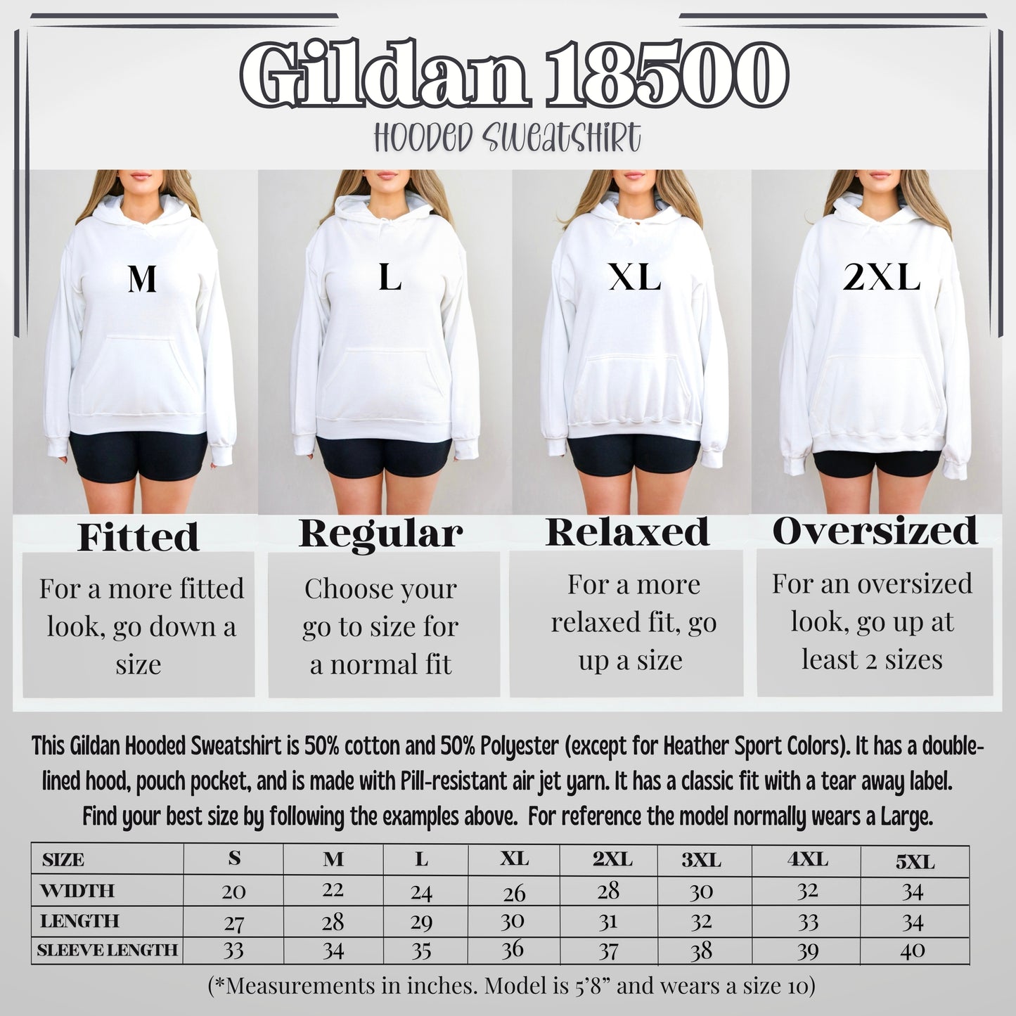 Gildan 18500 hoodie size chart with model wearing different sizes.