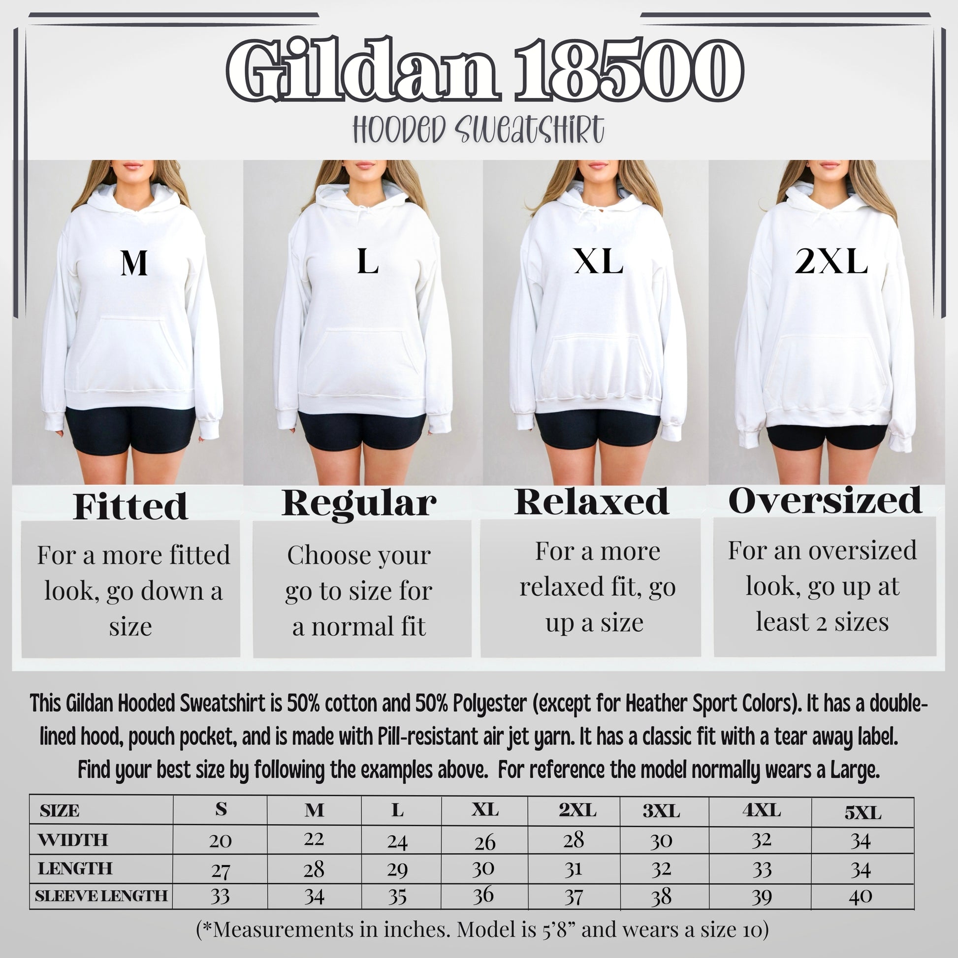 Gildan 18500 hoodie size chart with model wearing different sizes.