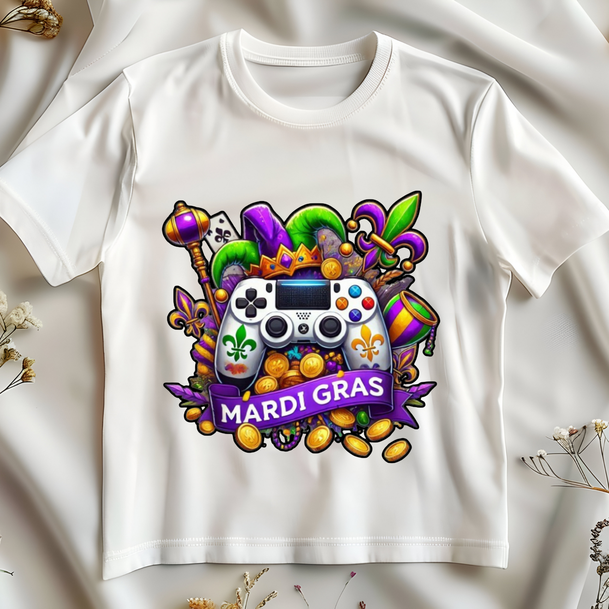 Youth Mardi Gras Shirt - Mardi Gras Gaming Controller Celebration