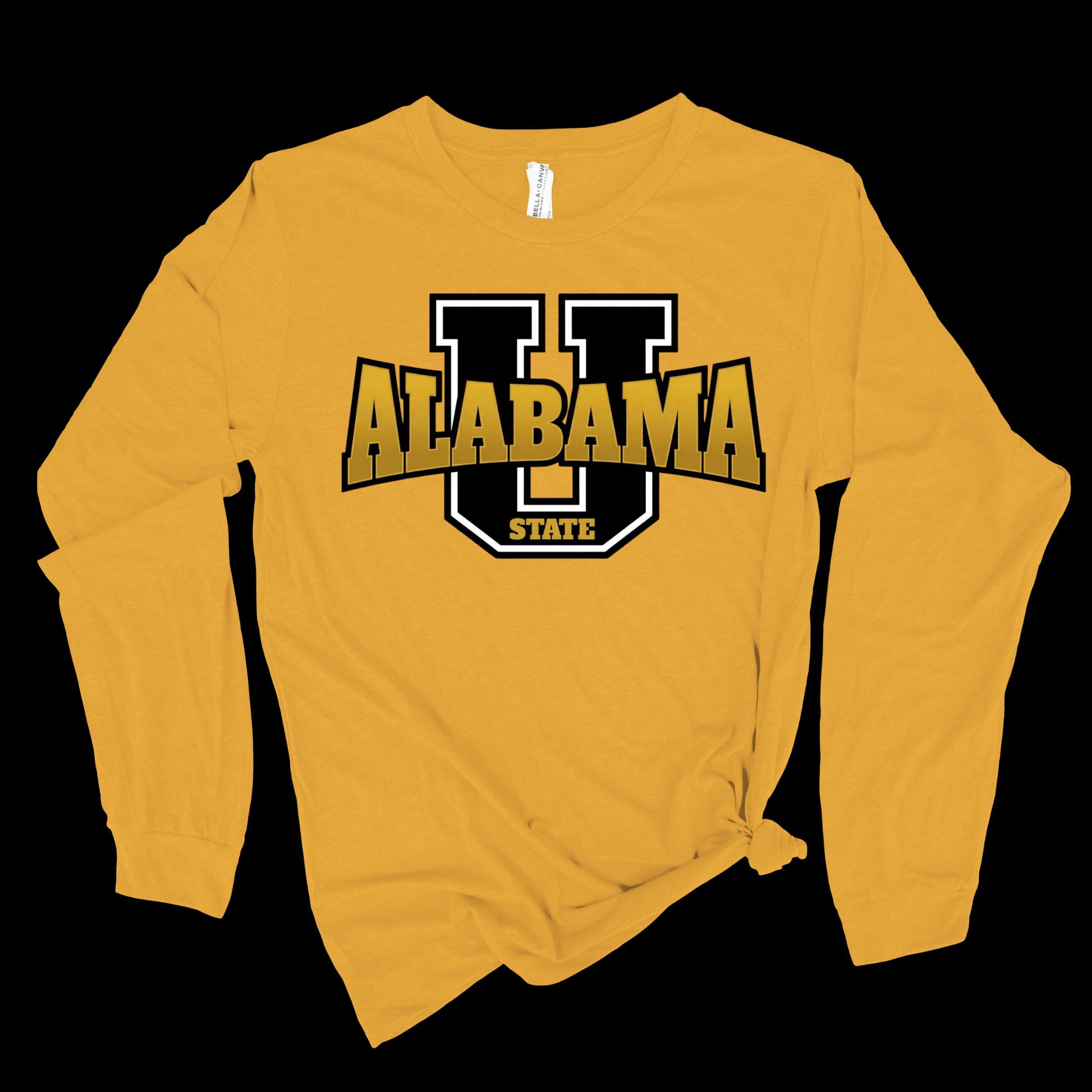 A gold long-sleeve t-shirt with a knotted hem, featuring a large 'U ALABAMA STATE' graphic on the chest in black, gold, and white, set against a solid black background.