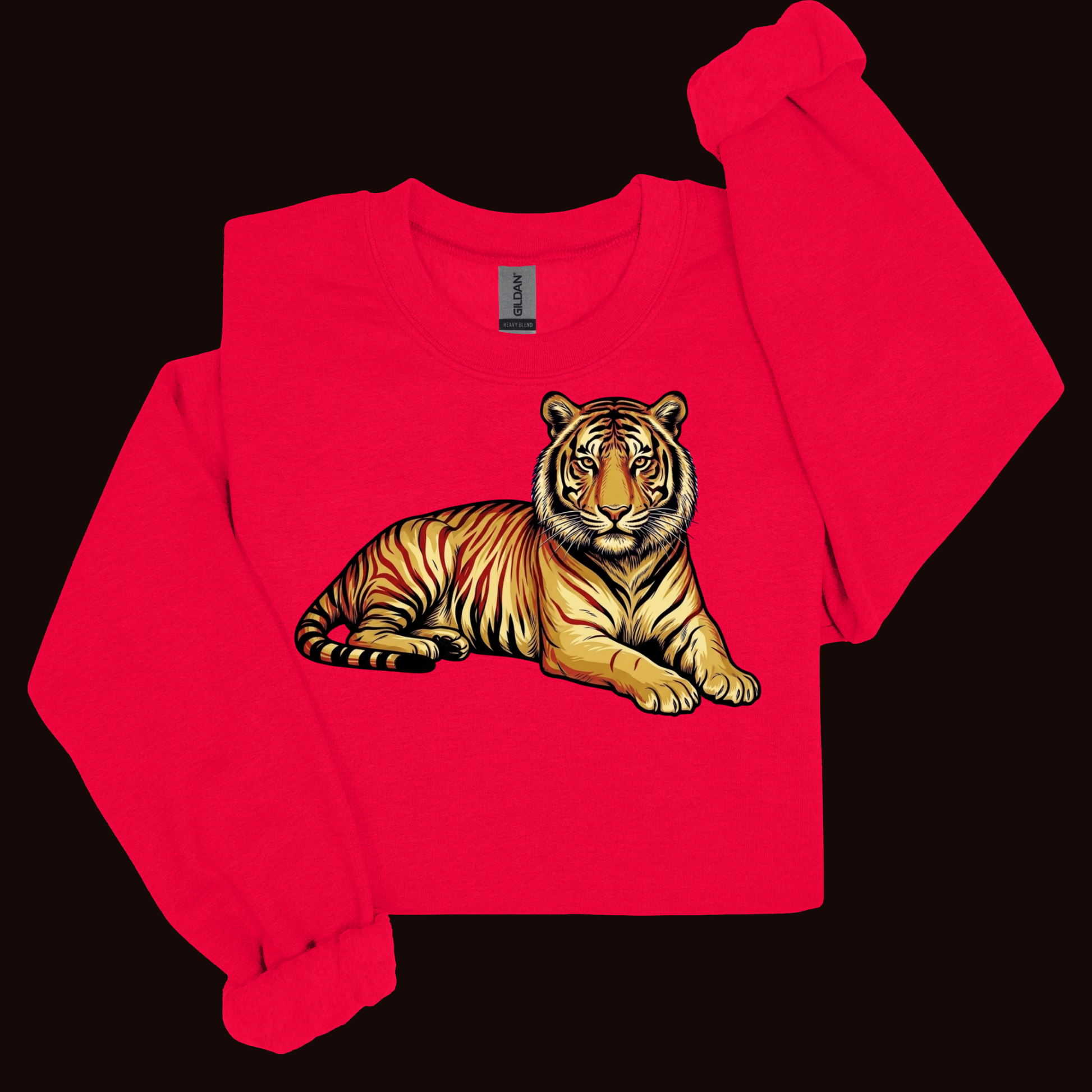 A bright red long-sleeve sweatshirt with a graphic of a lying tiger on the front, displayed against a solid black background.