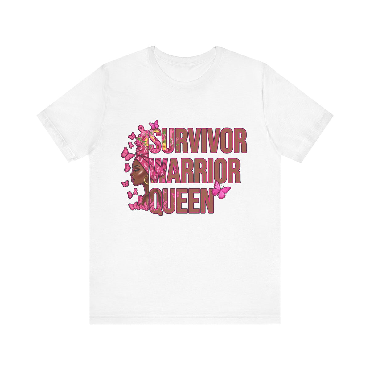 White t-shirt with 'Survivor Warrior Queen' design on a white background