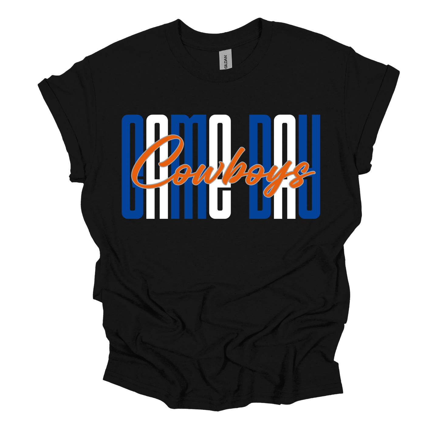 A black short-sleeve t-shirt with a graphic on the front reading 'COME DAY Cowboys' in blue, white, and orange, displayed on a clean white background.
