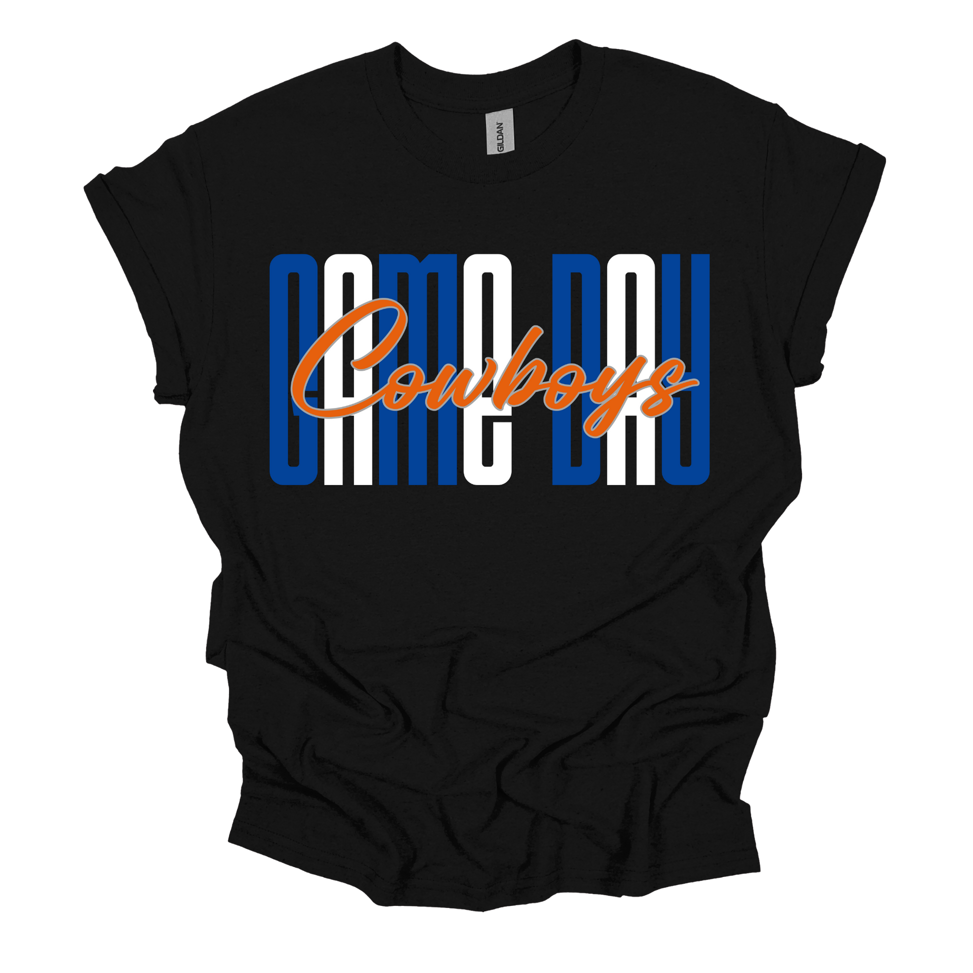 A black short-sleeve t-shirt with a graphic on the front reading 'COME DAY Cowboys' in blue, white, and orange, displayed on a clean white background.