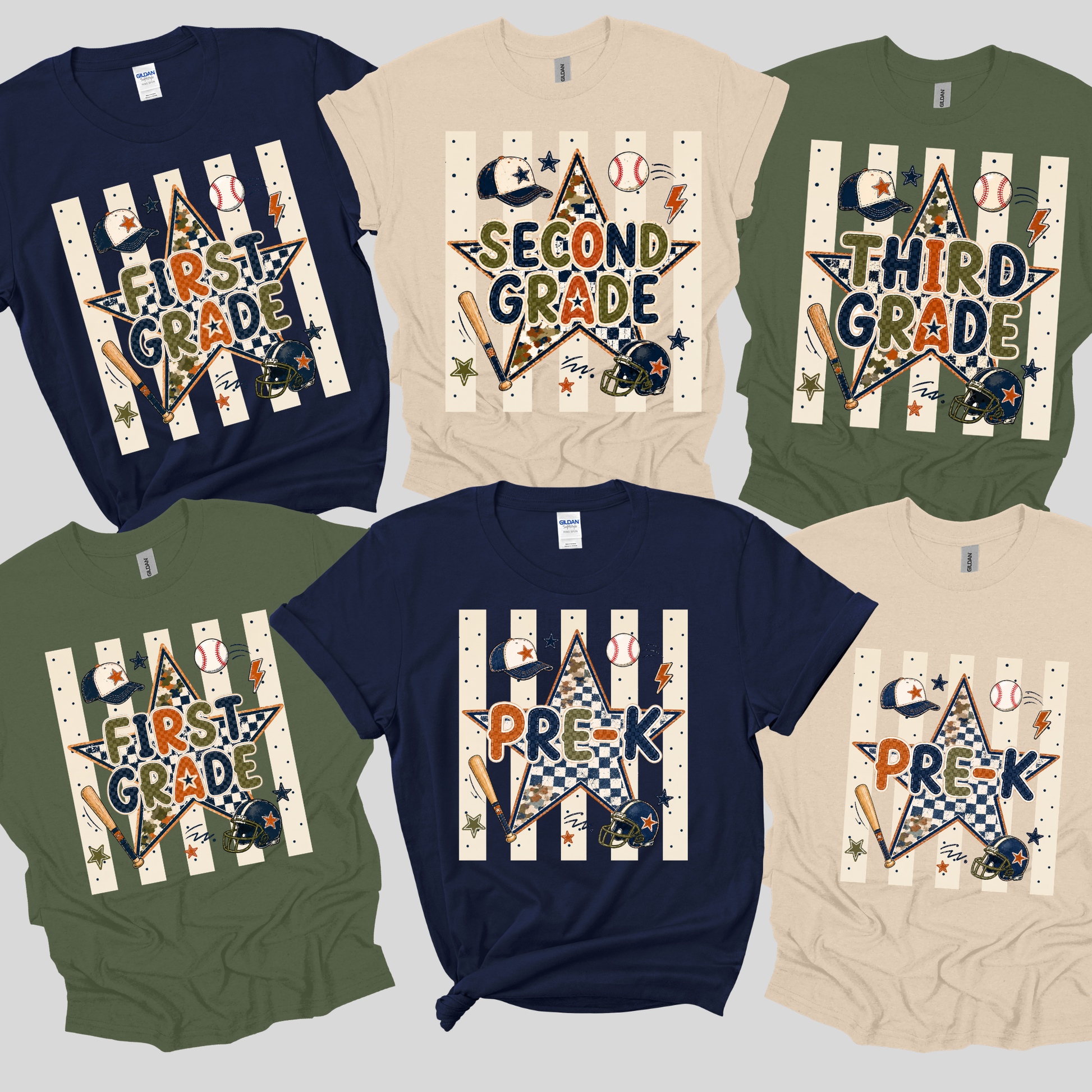 Six baseball-themed graphic t-shirts in navy blue, olive green, and beige, arranged in a grid. Each shirt features a unique design with the text 'First Grade', 'Second Grade', 'Third Grade', or 'Pre-K' styled inside a star over vertical white baseball stripes, decorated with sports elements like baseballs, bats, helmets, and a baseball bat.