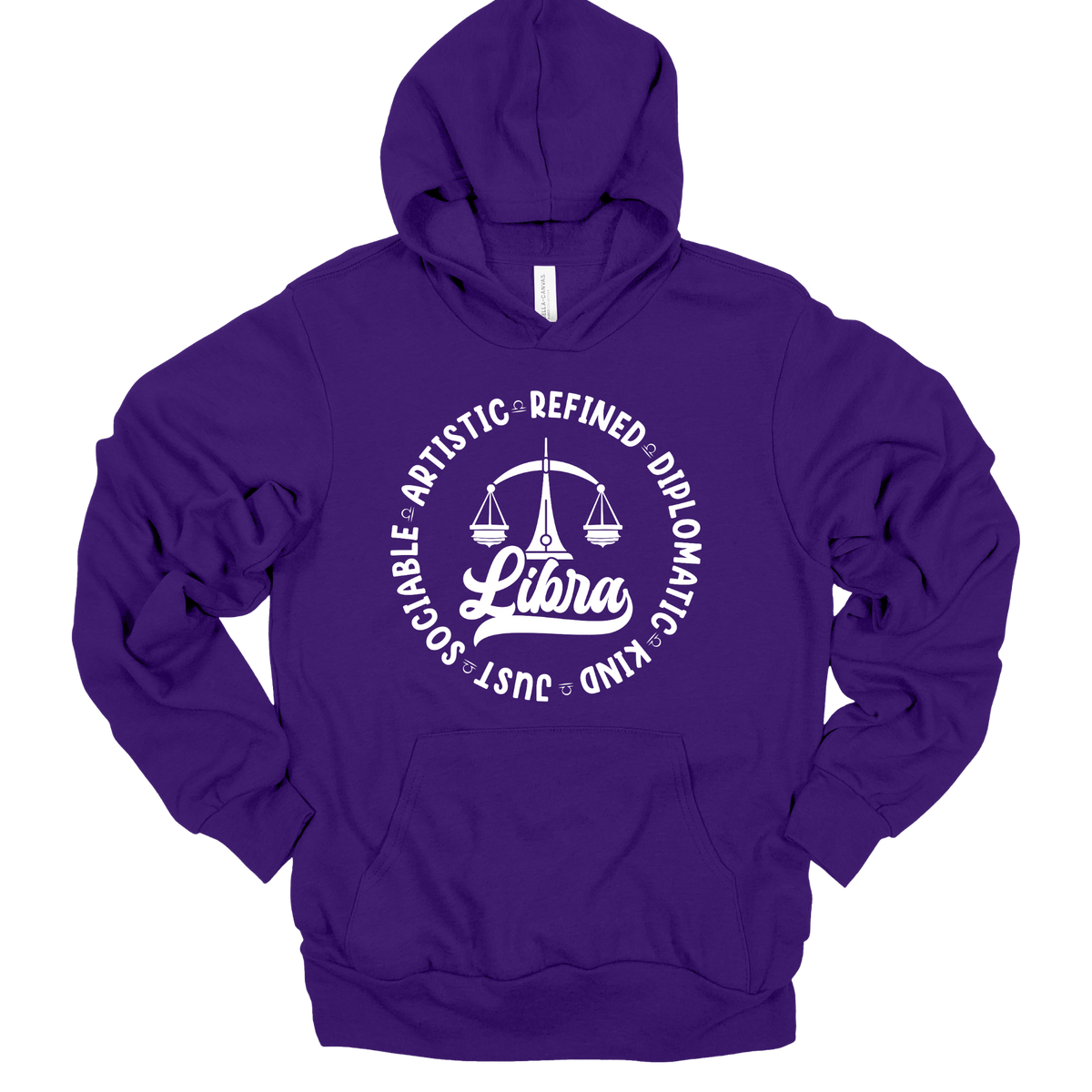 A purple pullover hoodie with a white graphic print on the chest featuring a Libra zodiac symbol and the word 'Libra' surrounded by adjectives like artistic, diplomatic, and just.