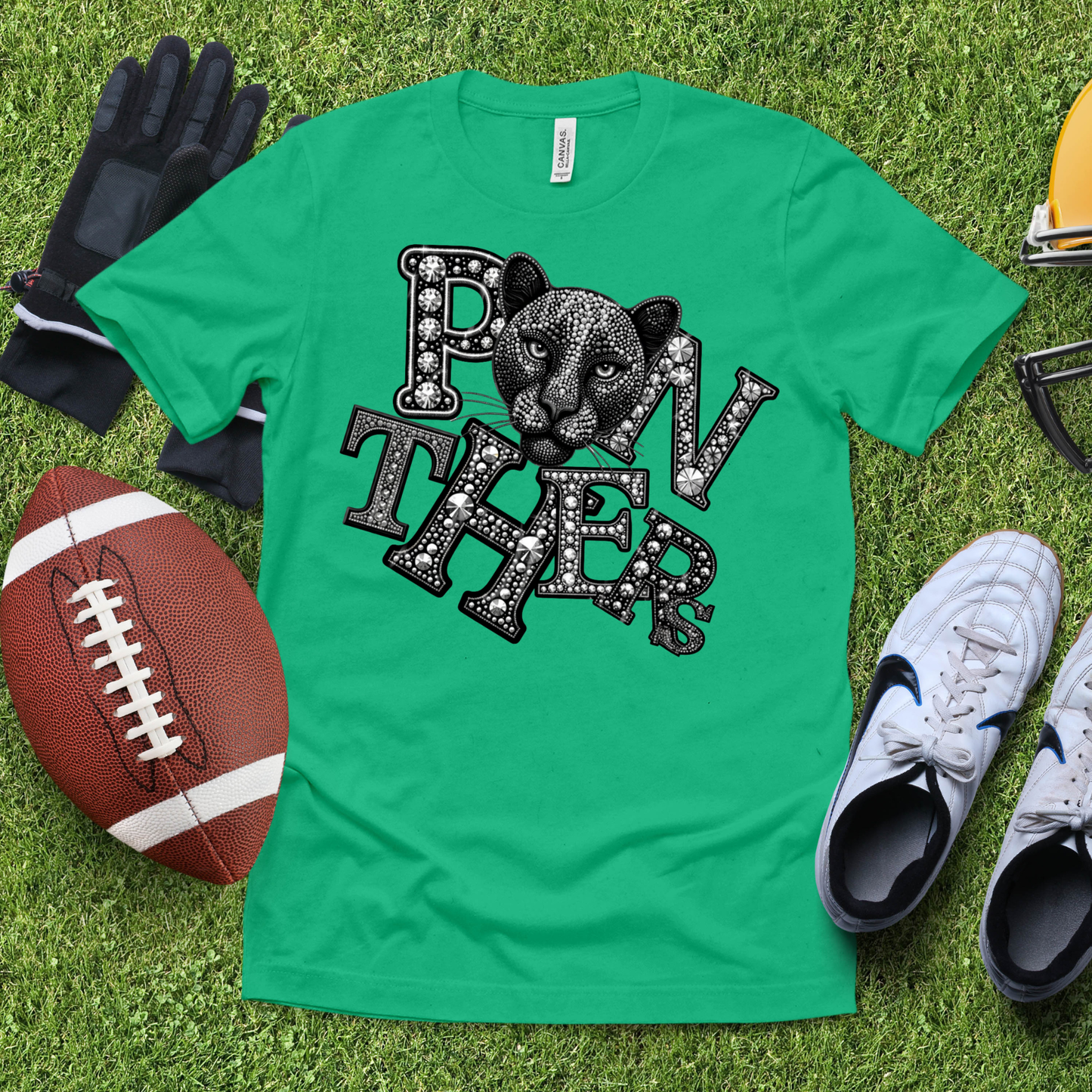 Panthers Spirit Shirt - Sparkly Bling Panther Faux Rhinestone Mascot T-shirt