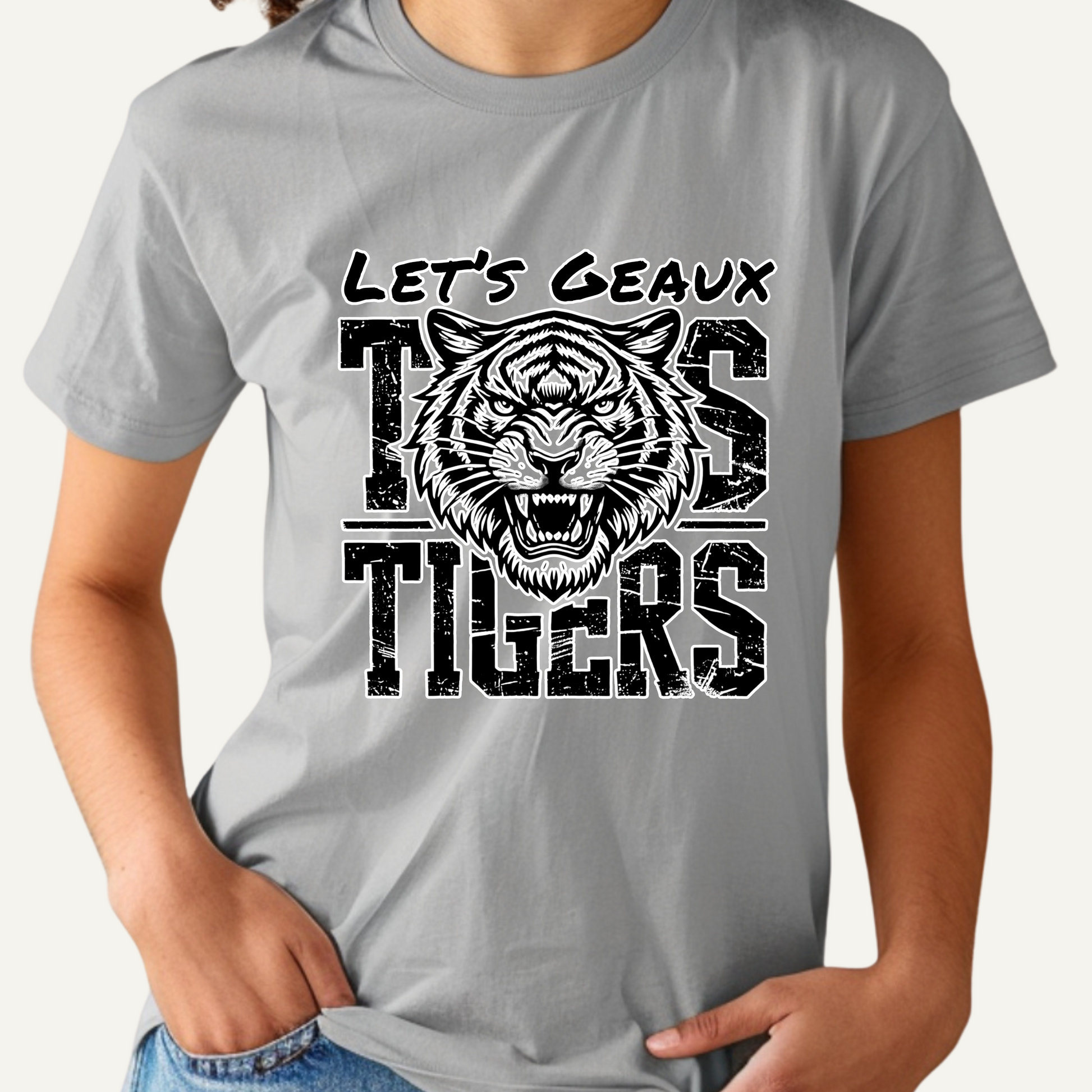 Gray t-shirt with a tiger graphic and text 'Let's Geaux Tigers' on a white background Let's Geaux Tigers T-Shirt - Fierce Tiger Graphic Game Day Tee