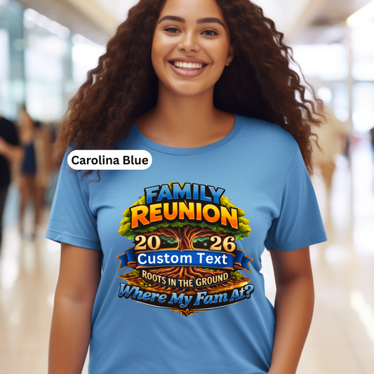 Person wearing a blue t-shirt with a family reunion design and text.