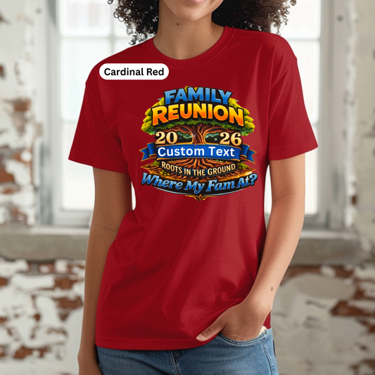 Person wearing a red 'Family Reunion' t-shirt with customizable text in a snowy outdoor setting.