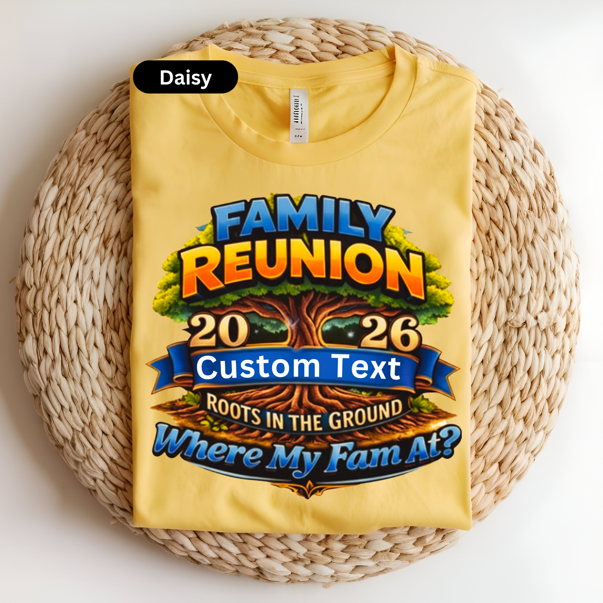 Yellow t-shirt with family reunion design on a woven surface