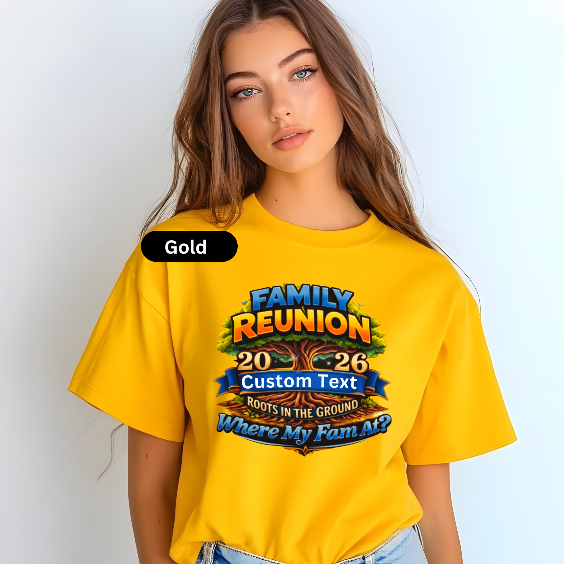 Person wearing a yellow 'Family Reunion' t-shirt with customizable text on a plain background