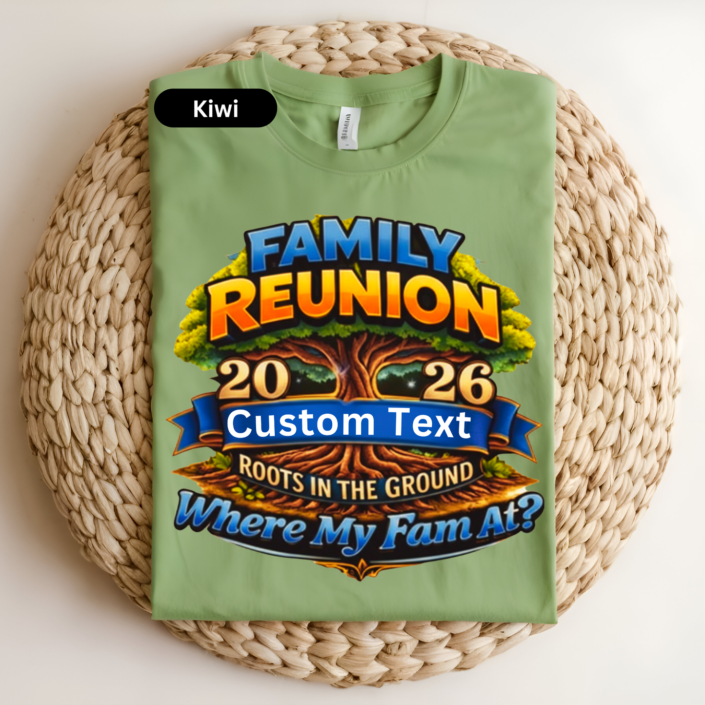 Green t-shirt with family reunion design on a woven surface
