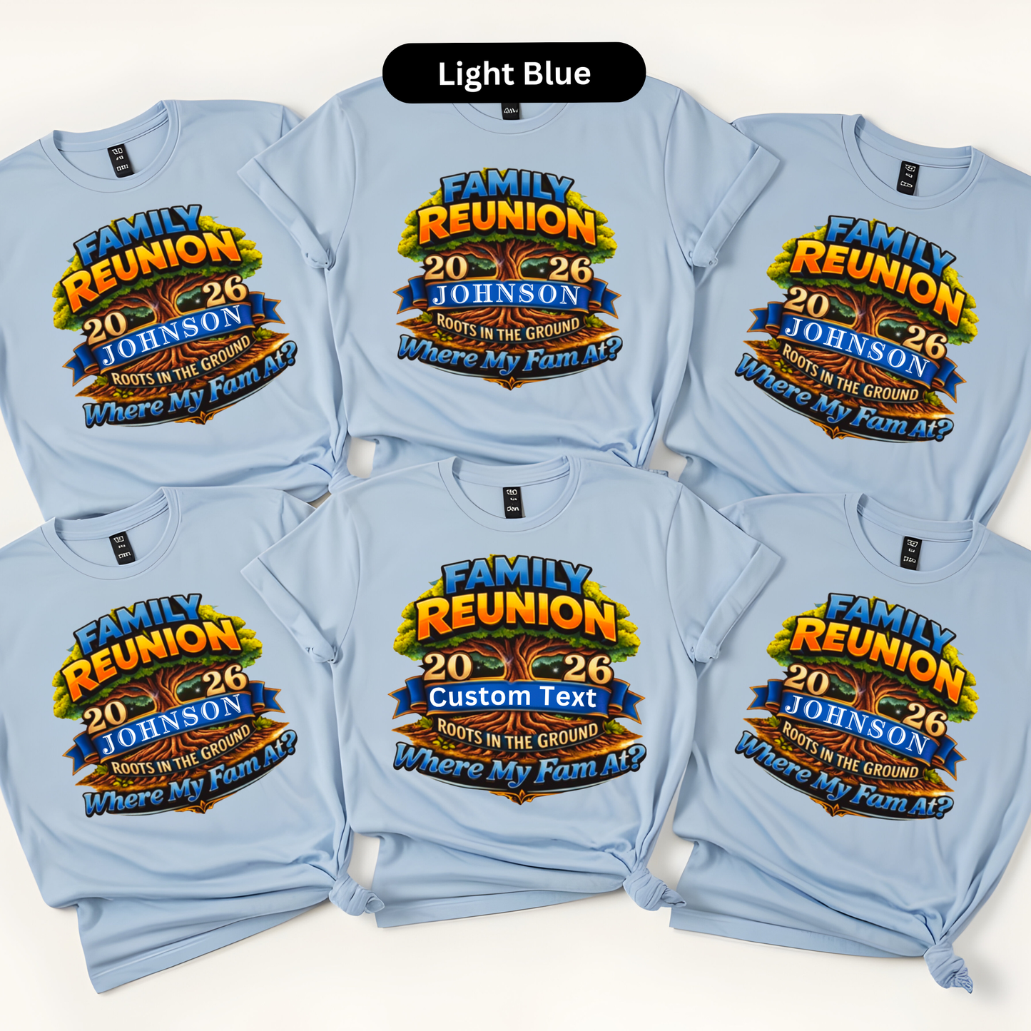 Light blue t-shirts with family reunion design on a white background