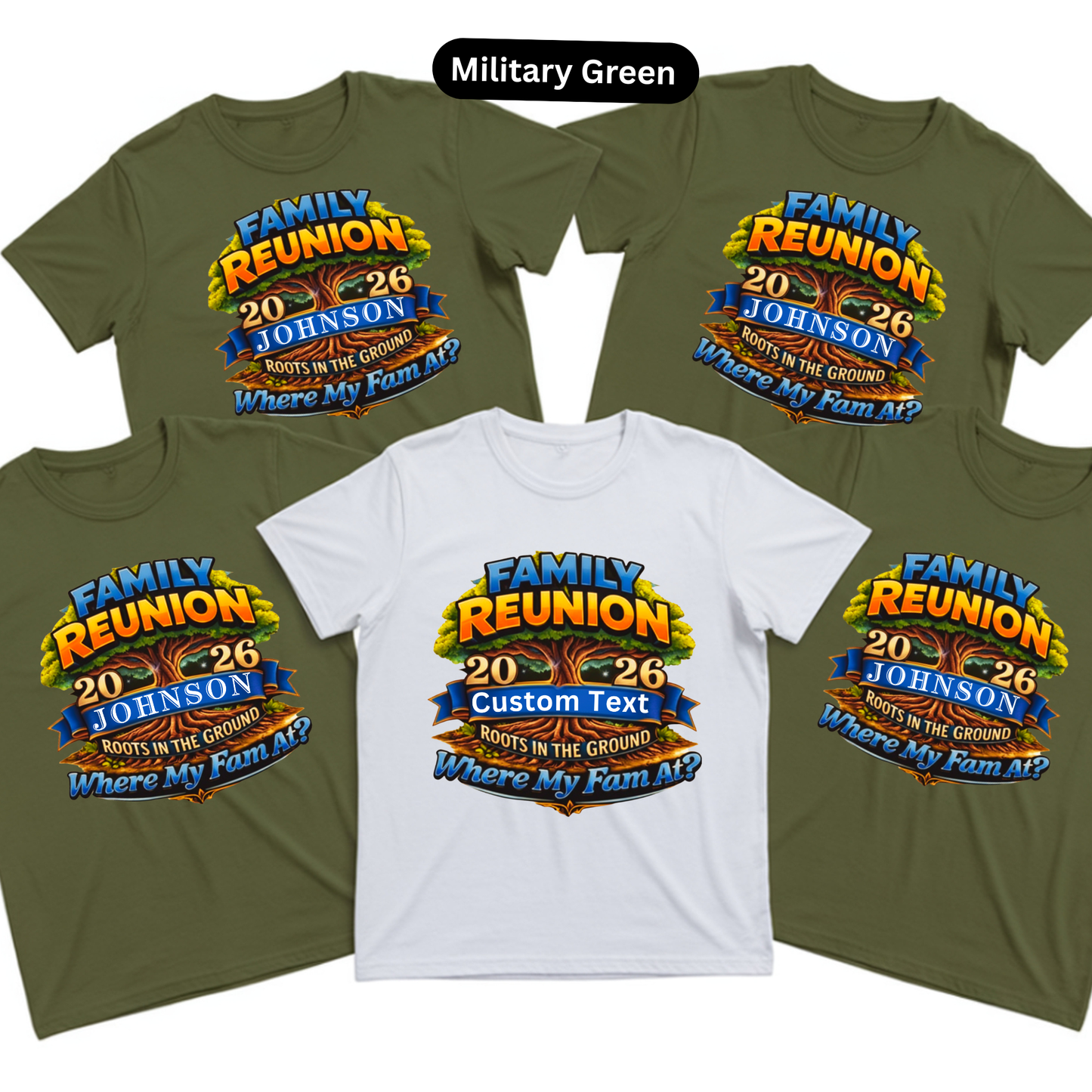 Family reunion t-shirts with customizable text on a white background