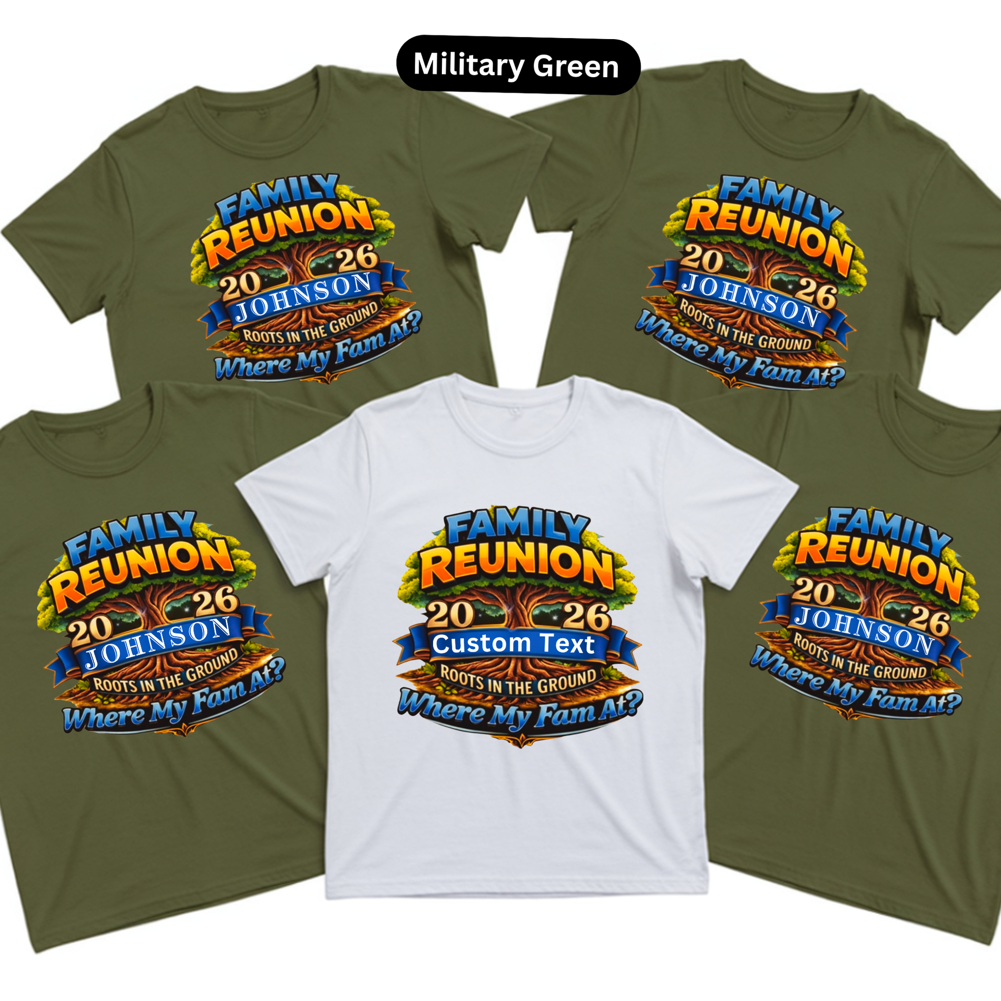 Family reunion t-shirts with customizable text on a white background