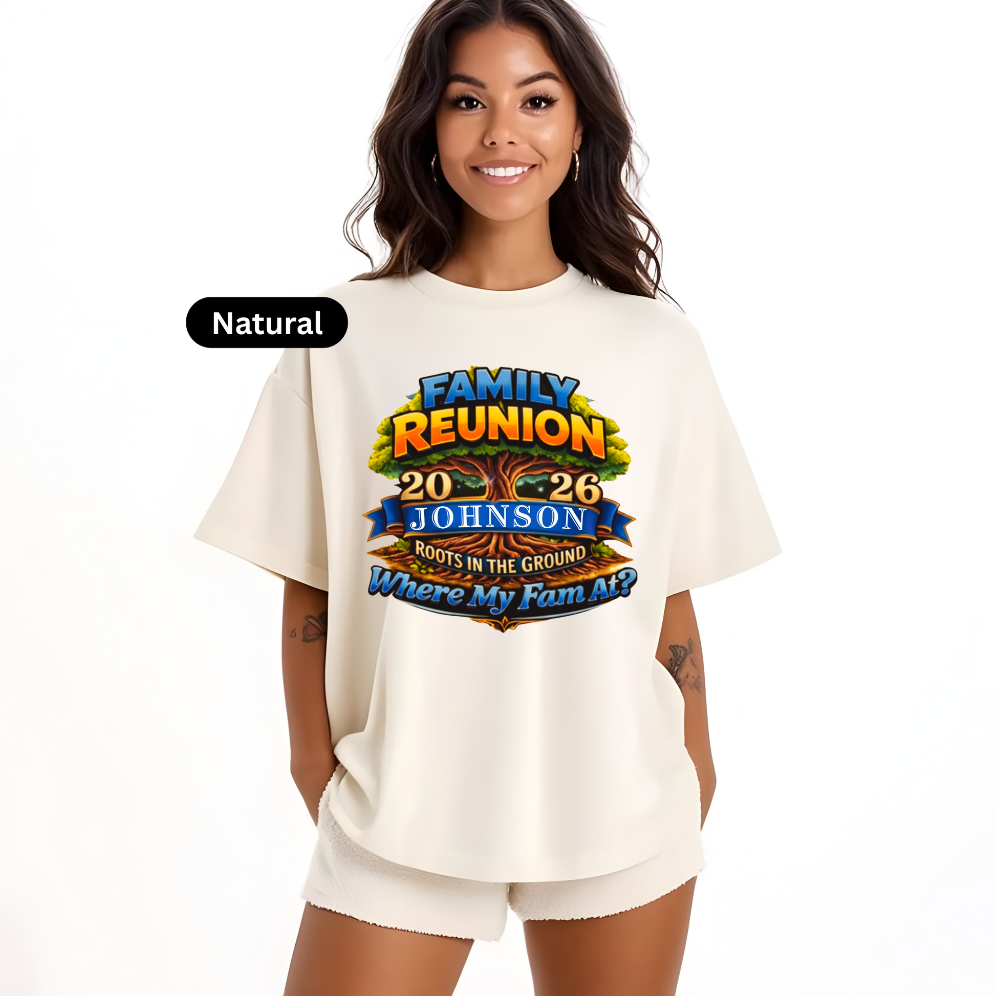 Woman wearing a white t-shirt with a colorful 'Family Reunion' design on a white background