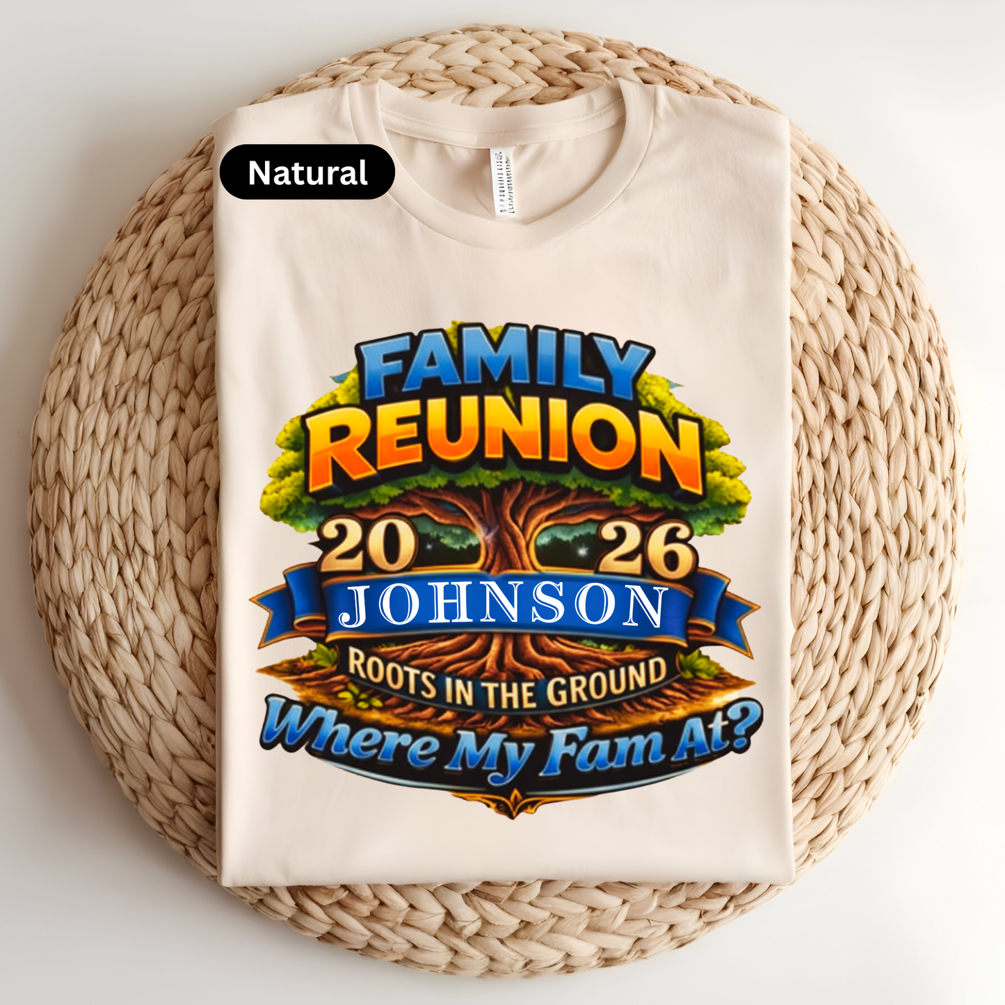 Beige t-shirt with 'Family Reunion 2026' design on a woven surface