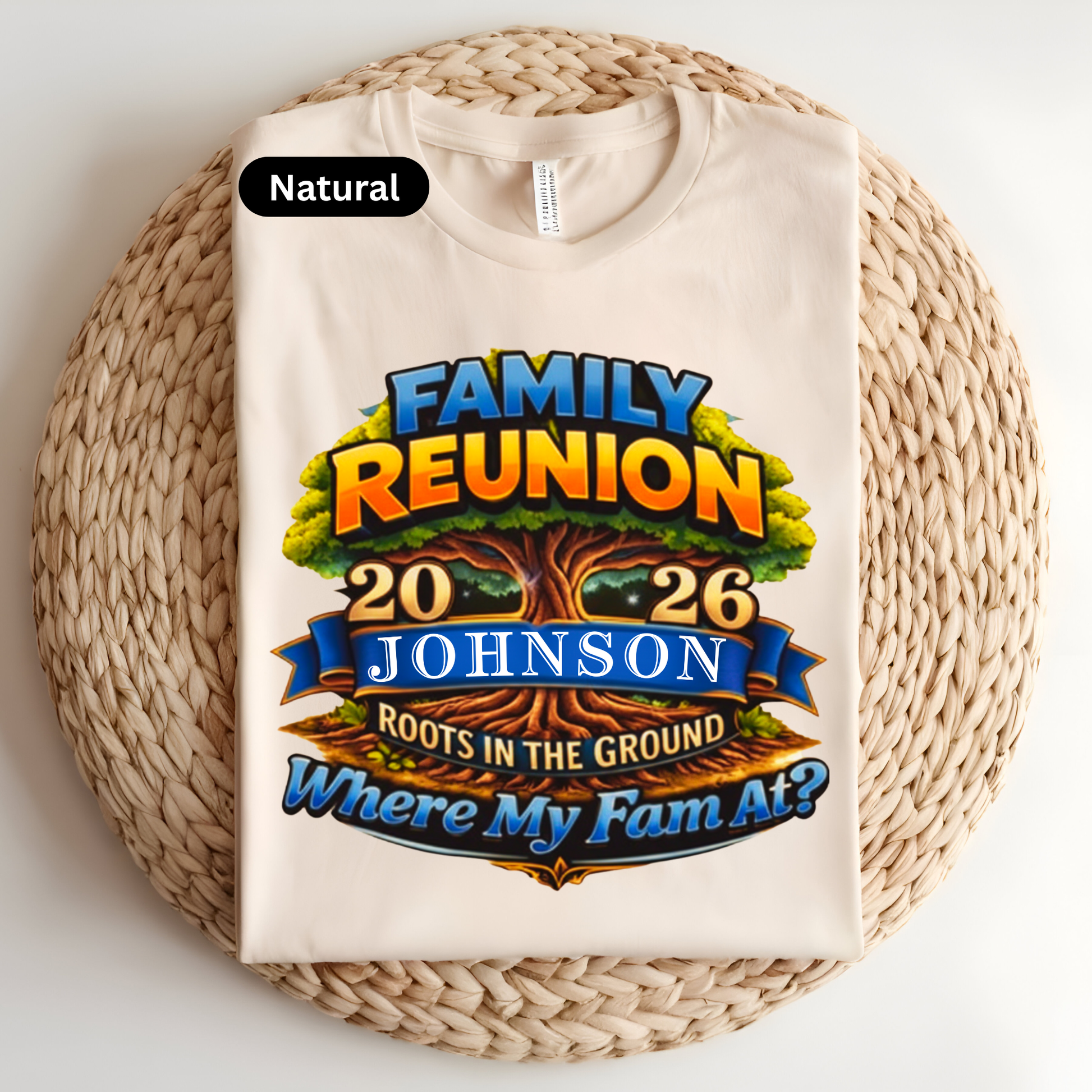 Beige t-shirt with 'Family Reunion 2026' design on a woven surface