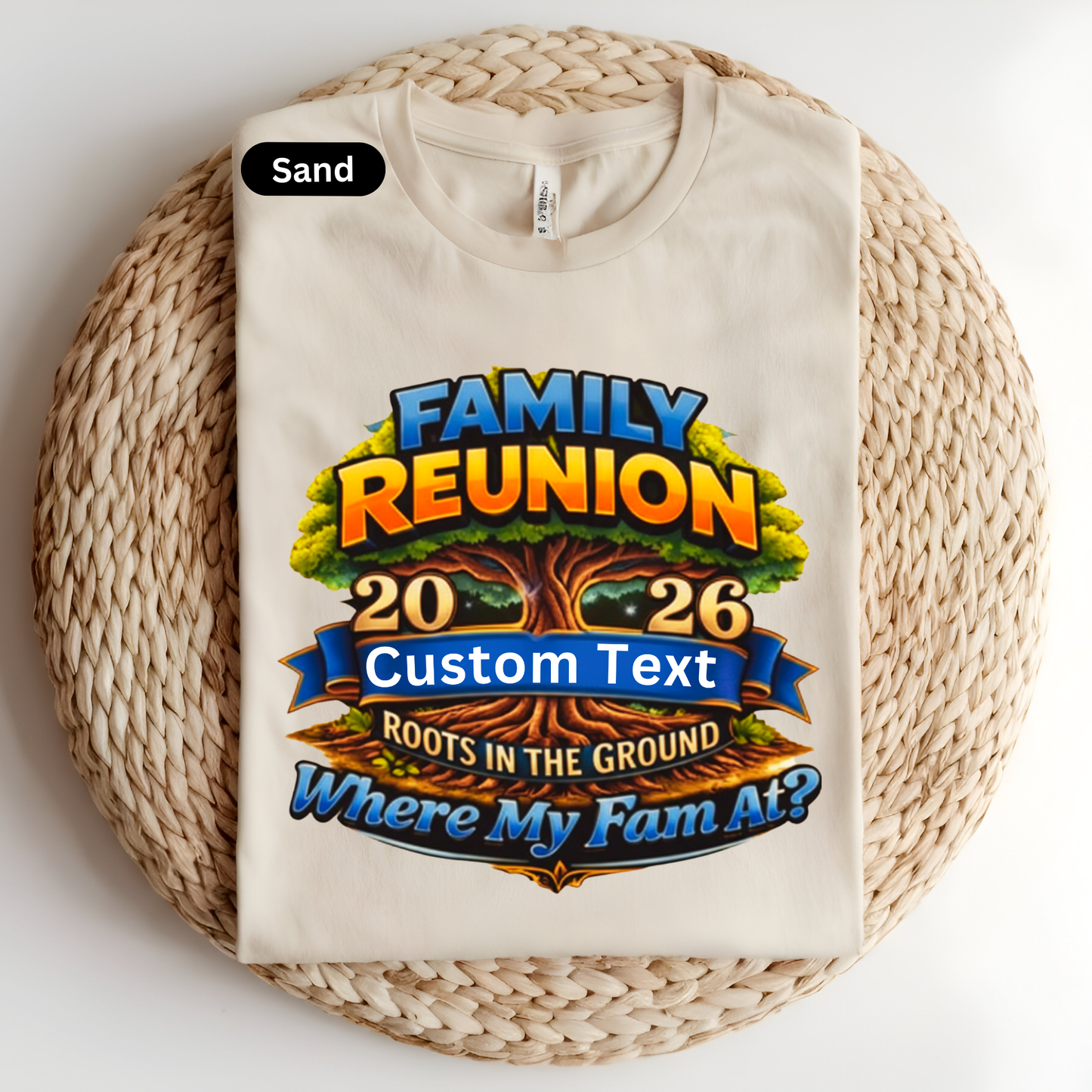 Beige t-shirt with family reunion design on a woven surface