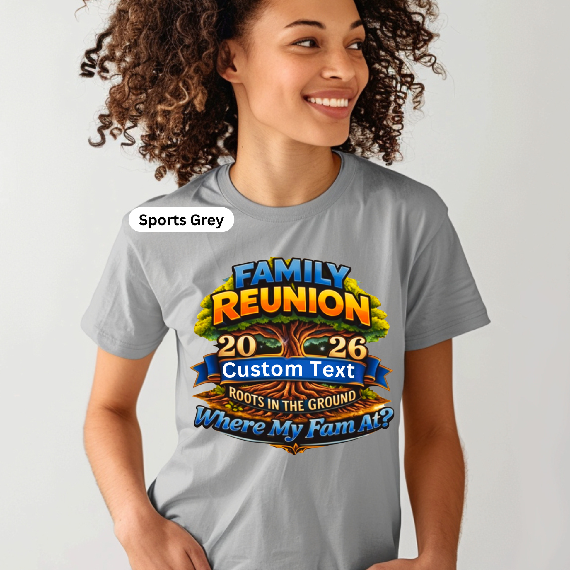 Person wearing a gray t-shirt with a colorful 'Family Reunion' design on a light gray background