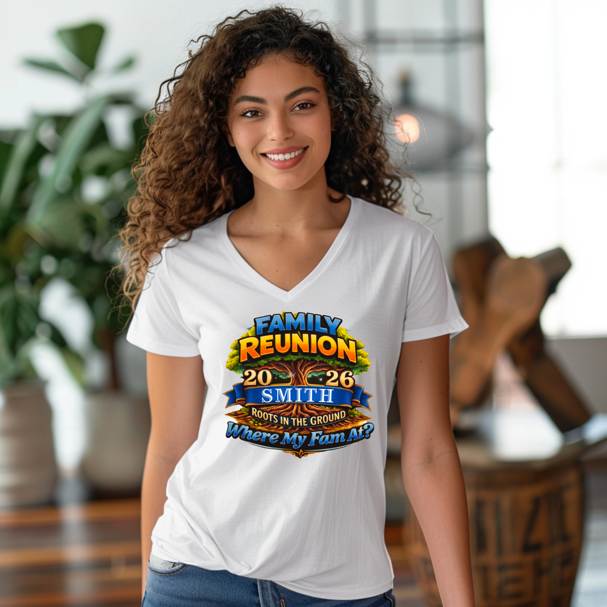 Woman wearing a white t-shirt with a colorful family reunion design in an indoor setting.