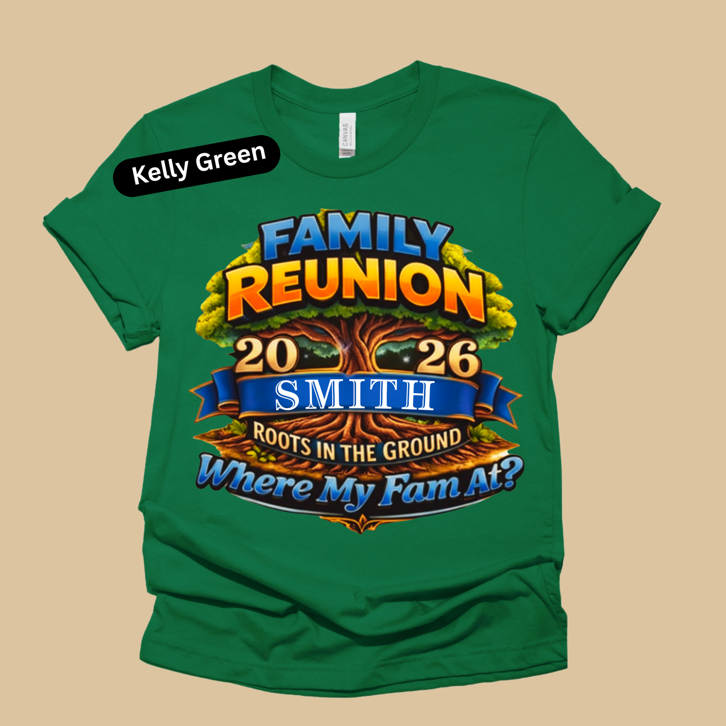 Green t-shirt with family reunion design on a beige background