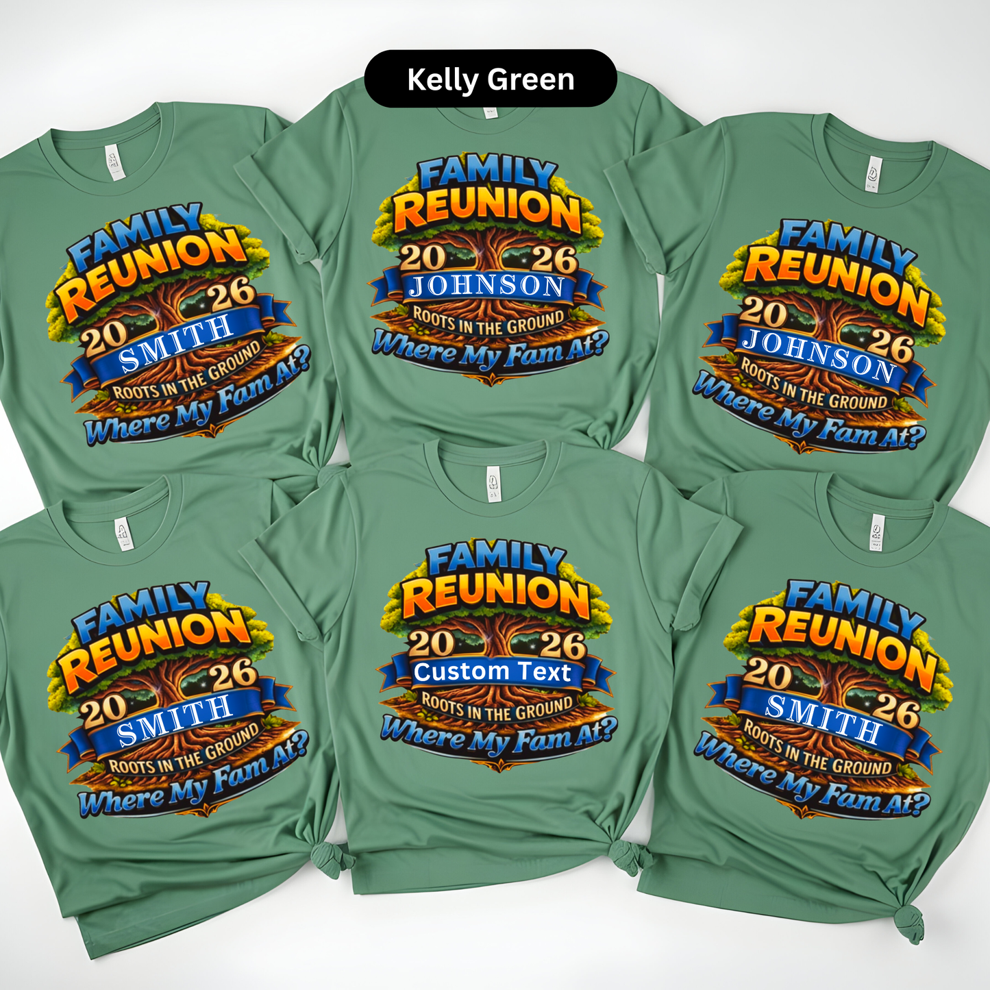 Green t-shirts with family reunion design on a white background