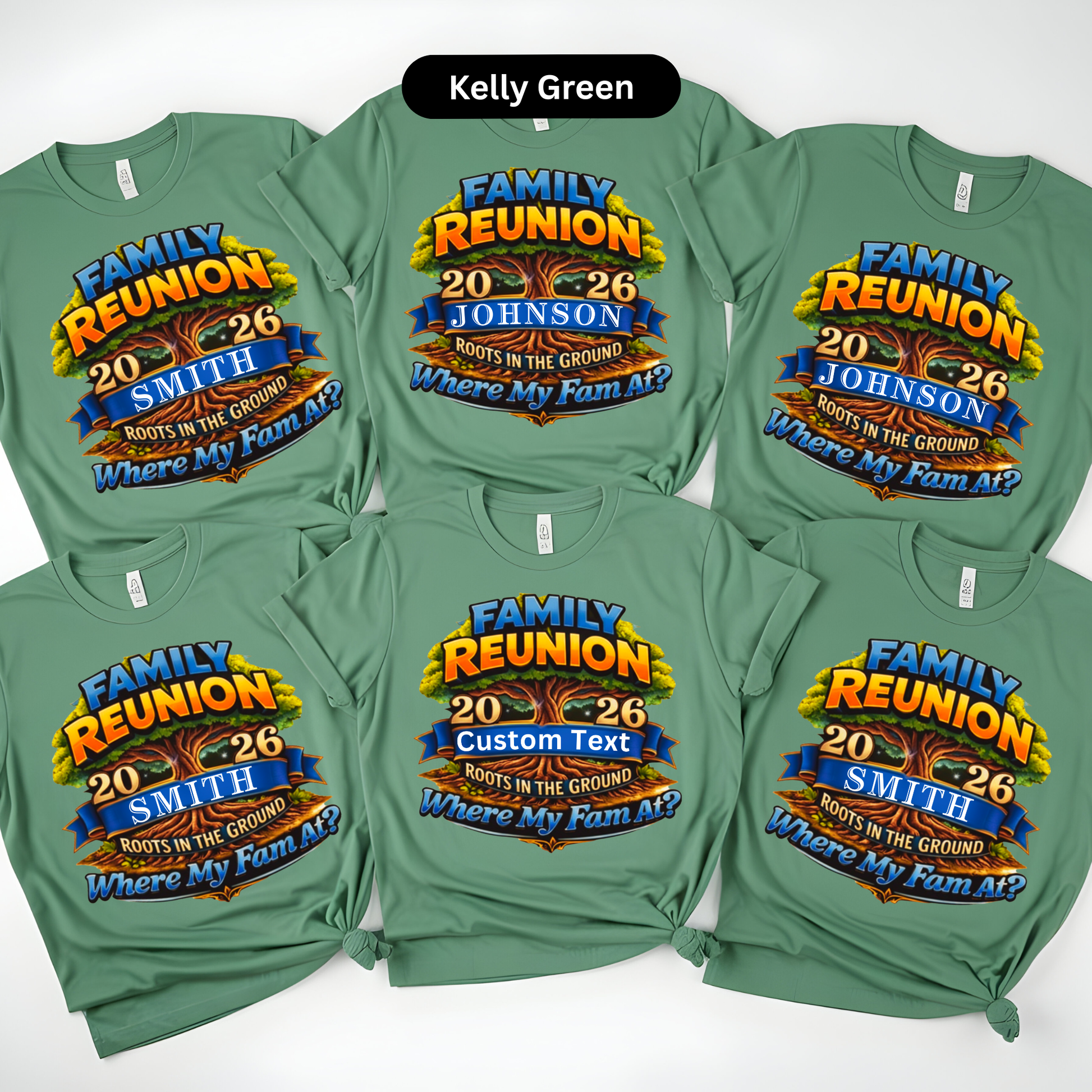 Green t-shirts with family reunion design on a white background