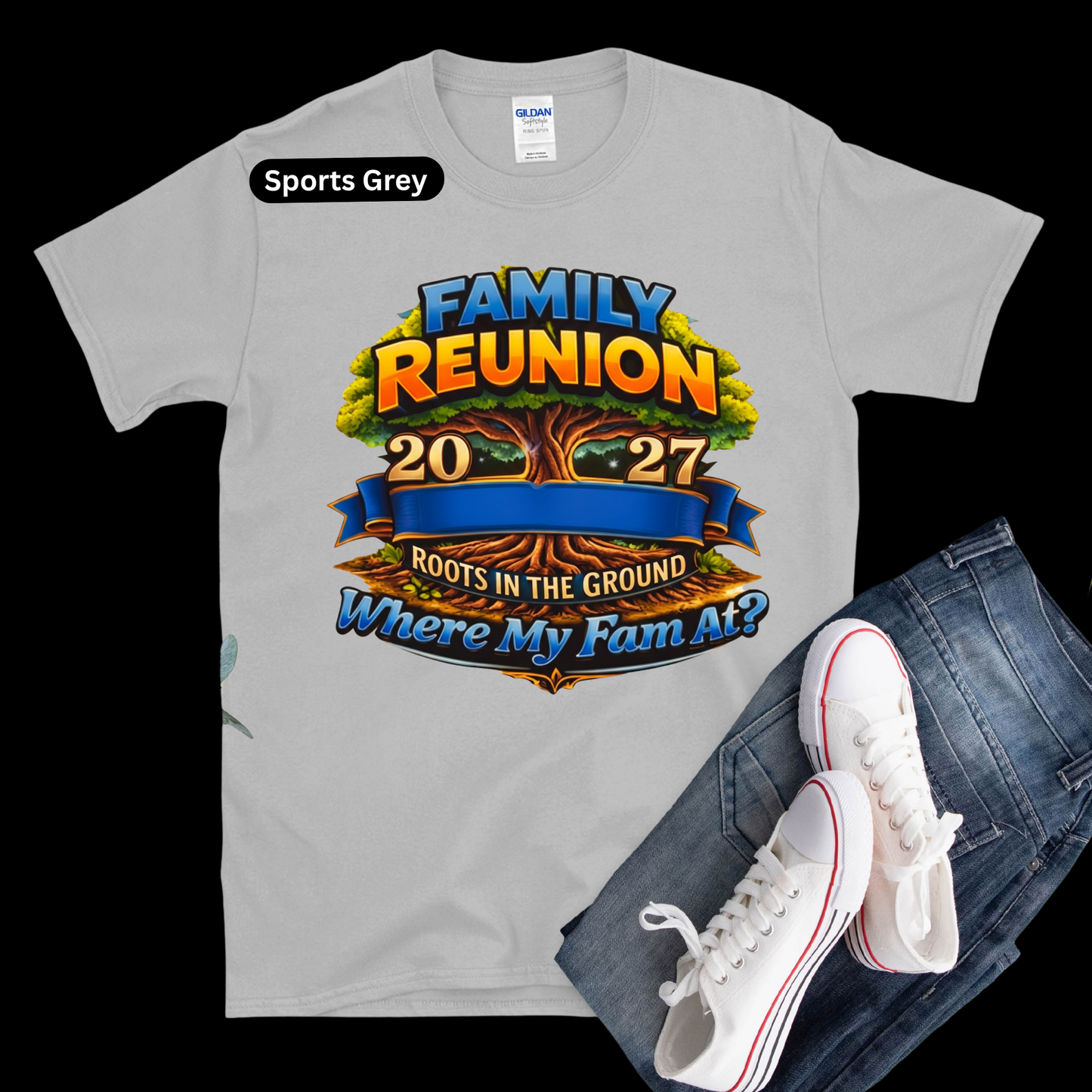 Gray t-shirt with 'Family Reunion 2027' design, white sneakers, and jeans on a black background