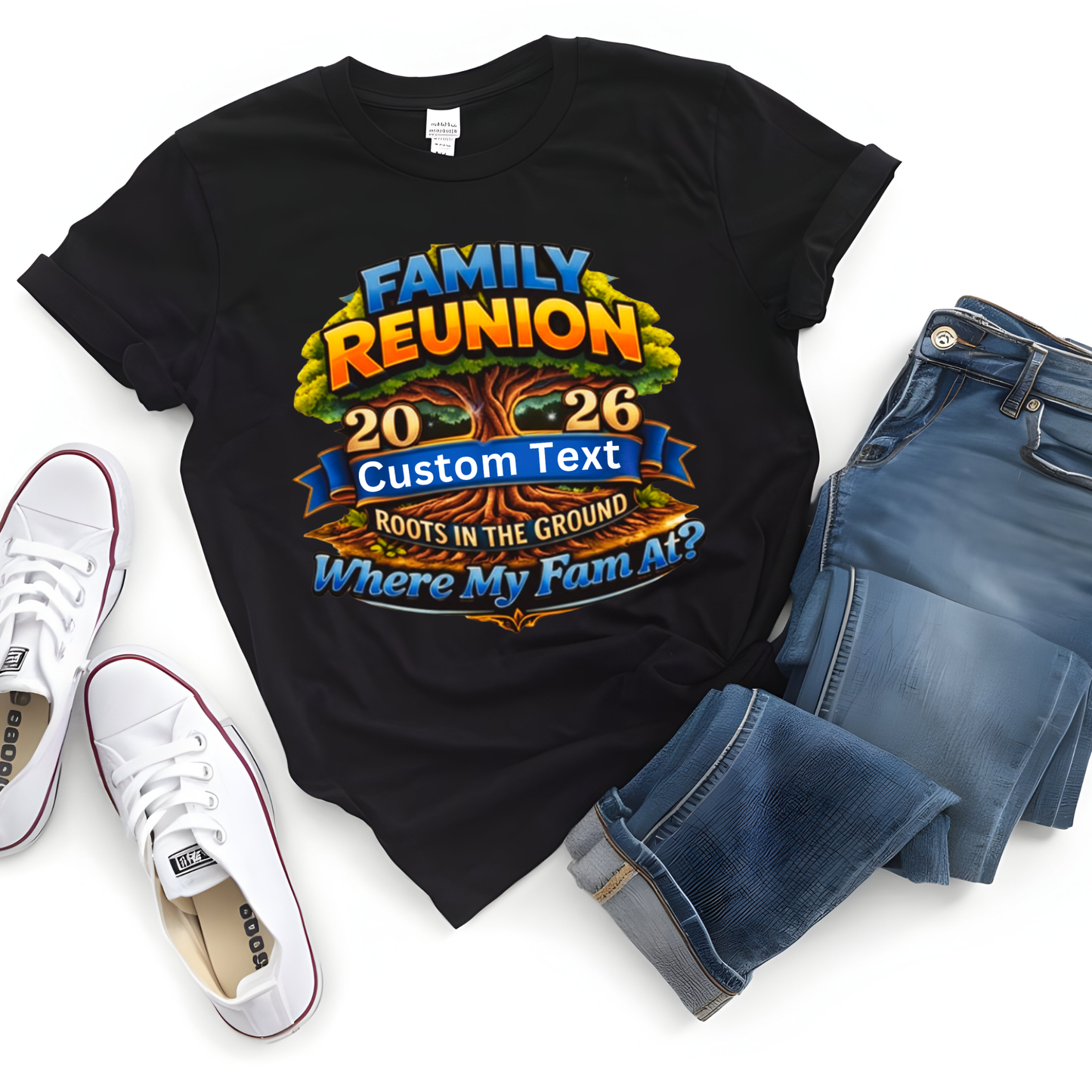Black t-shirt with colorful 'Family Reunion' design, white sneakers, and blue jeans on a white background