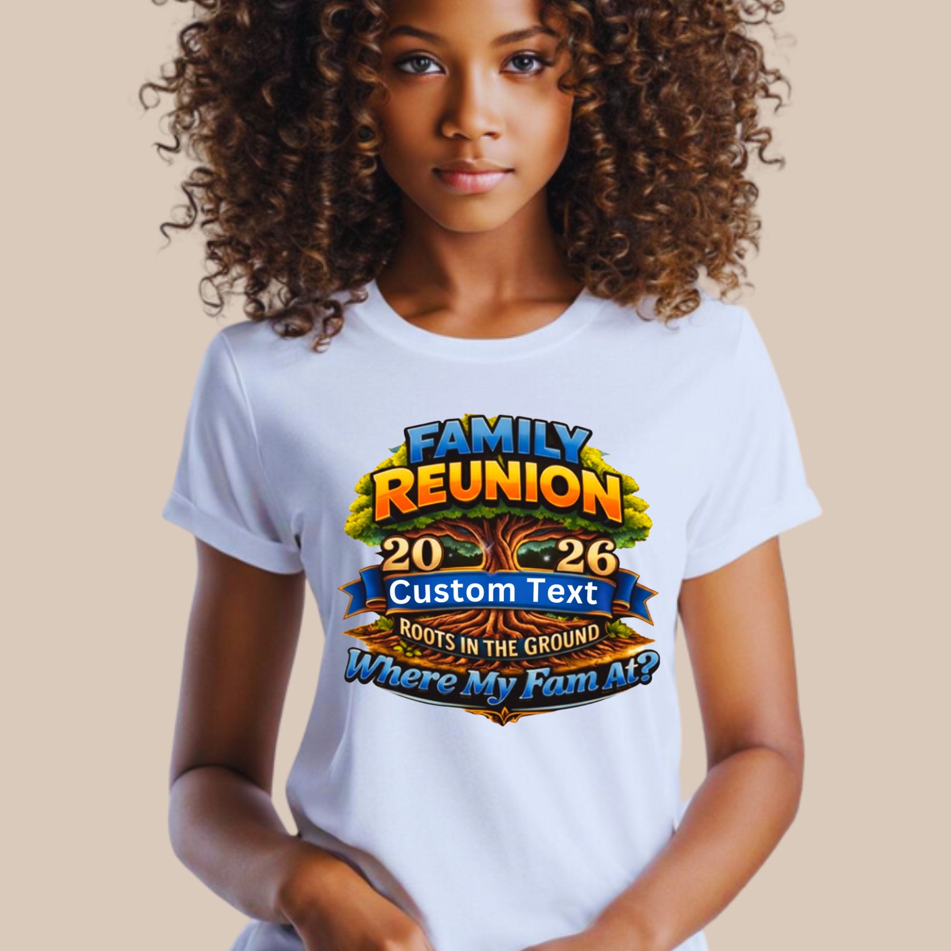 Person wearing a white t-shirt with a colorful 'Family Reunion' design.