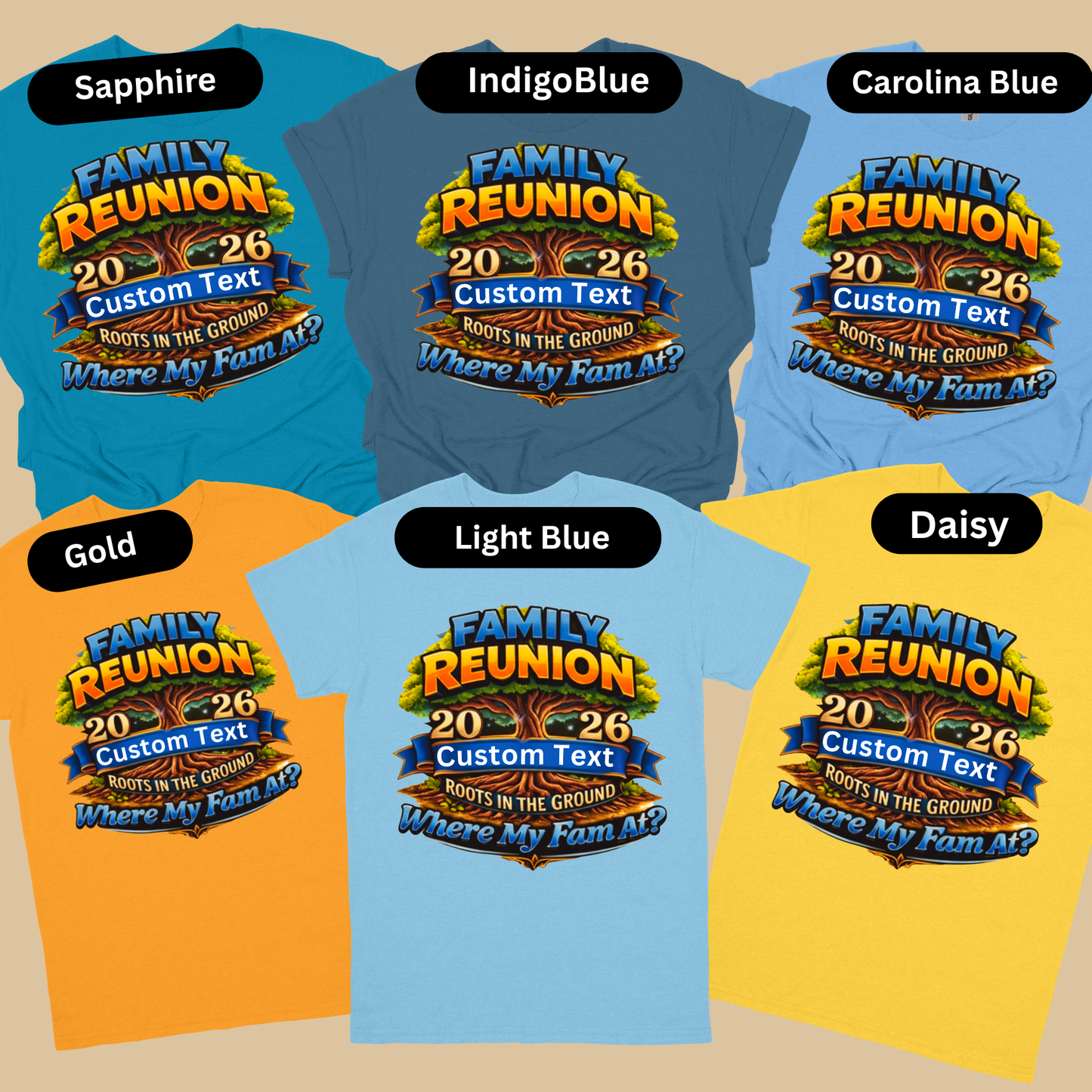 Family reunion t-shirts in various colors with customizable text on a beige background.