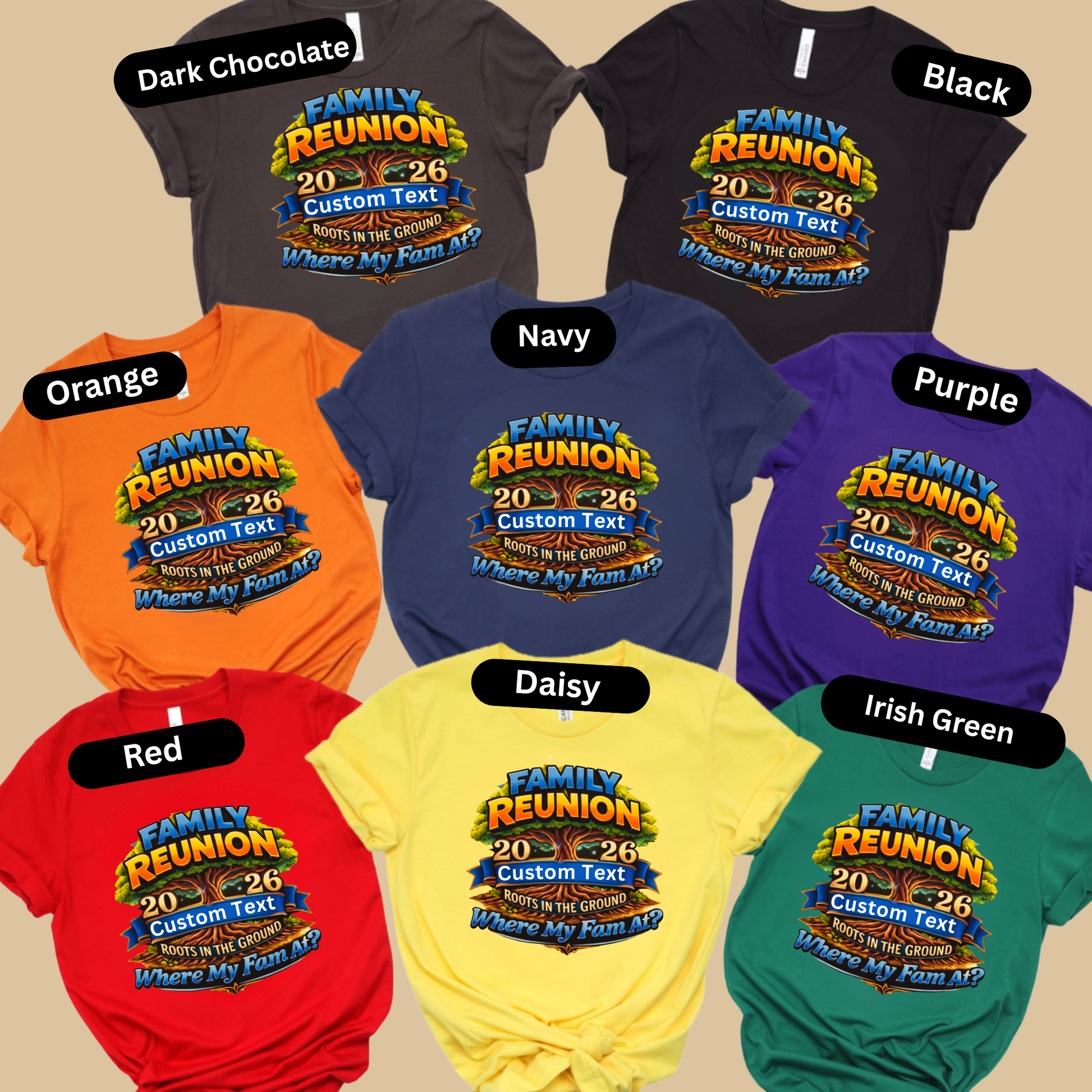 Collection of Family Reunion t-shirts in various colors on a beige background