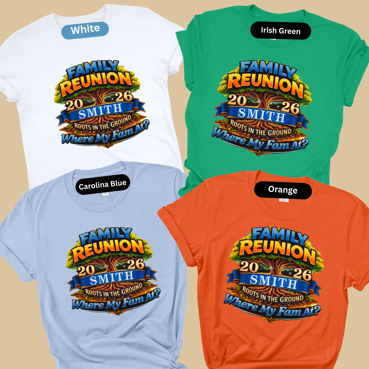 Four Family Reunion t-shirts in white, green, blue, and orange on a beige background.