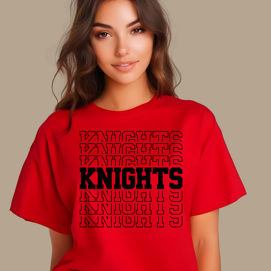Person wearing a red t-shirt with 'Knights' text design on a beige background Knights School Spirit Shirt - Knights Stacked - Knights Spirit Tee