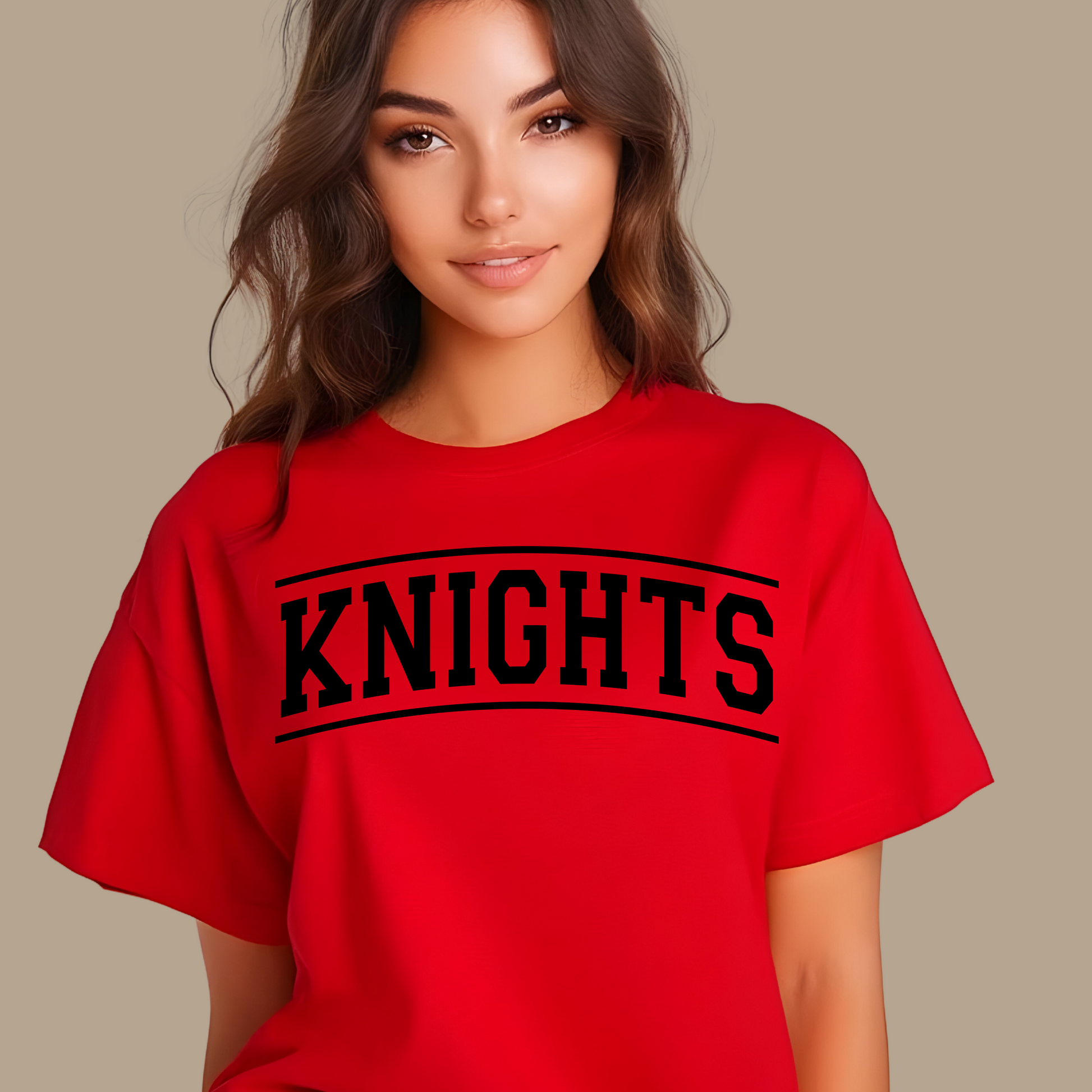 Person wearing a red t-shirt with 'KNIGHTS' text on a beige background Knights School Spirit Shirt - Knights Fan Merch - School Pride Graphic T-Shirt