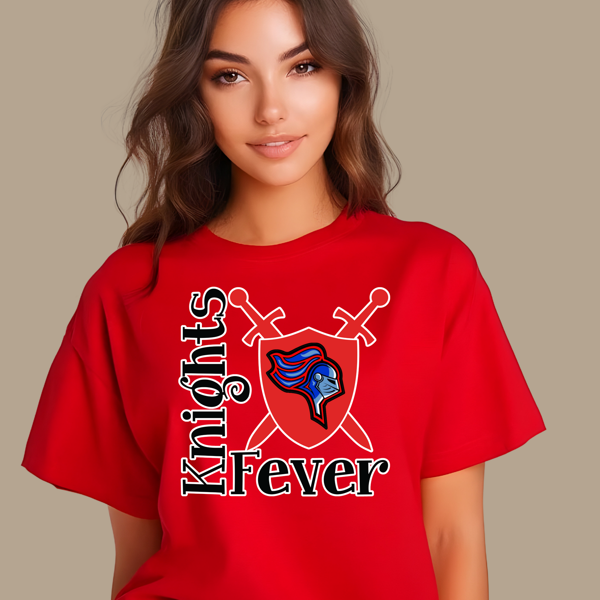 Person wearing a red 'Knights Fever' t-shirt with a logo on a beige background Knights School Spirit Shirt - Knights Fever - Rep the Knights Tee