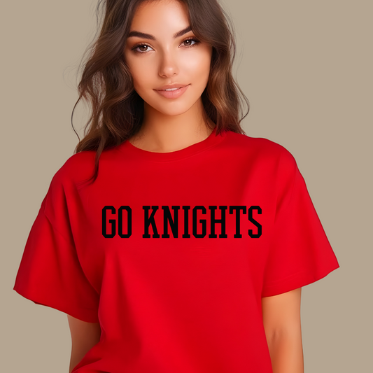 Person wearing a red t-shirt with 'GO KNIGHTS' text on a beige background Knights School Spirit Shirt - Go Knights - School Pride T-Shirt