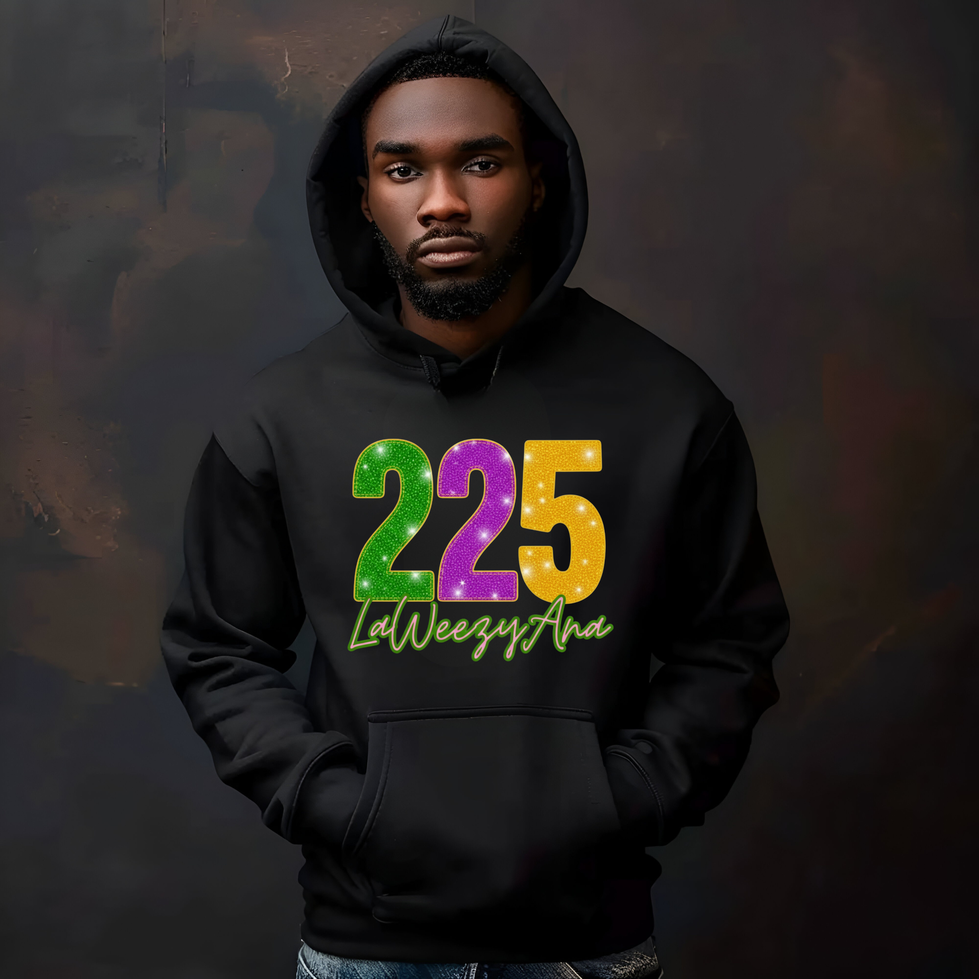 Person wearing a black hoodie with colorful numbers and text on a dark background