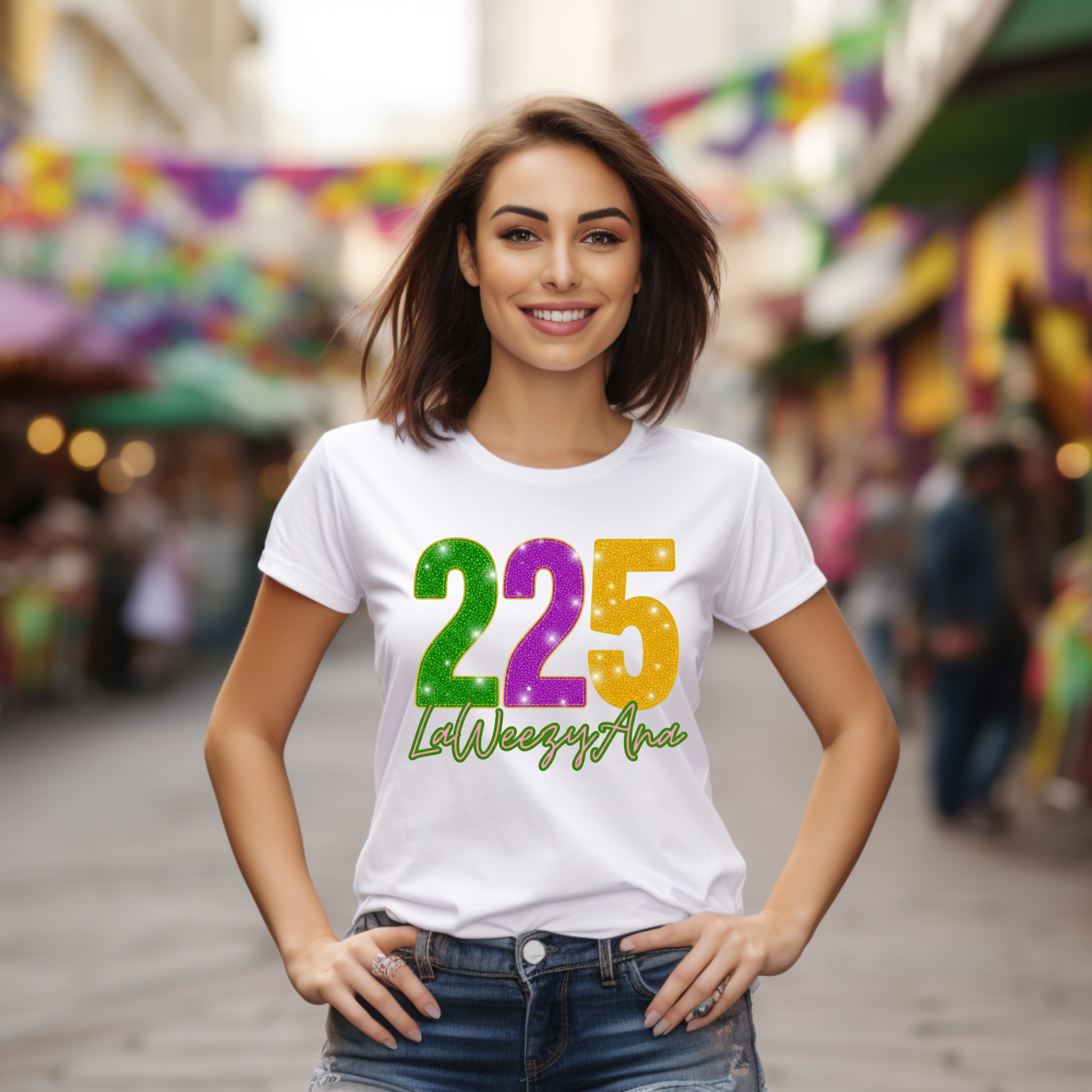 Woman wearing a white t-shirt with colorful text in an outdoor setting