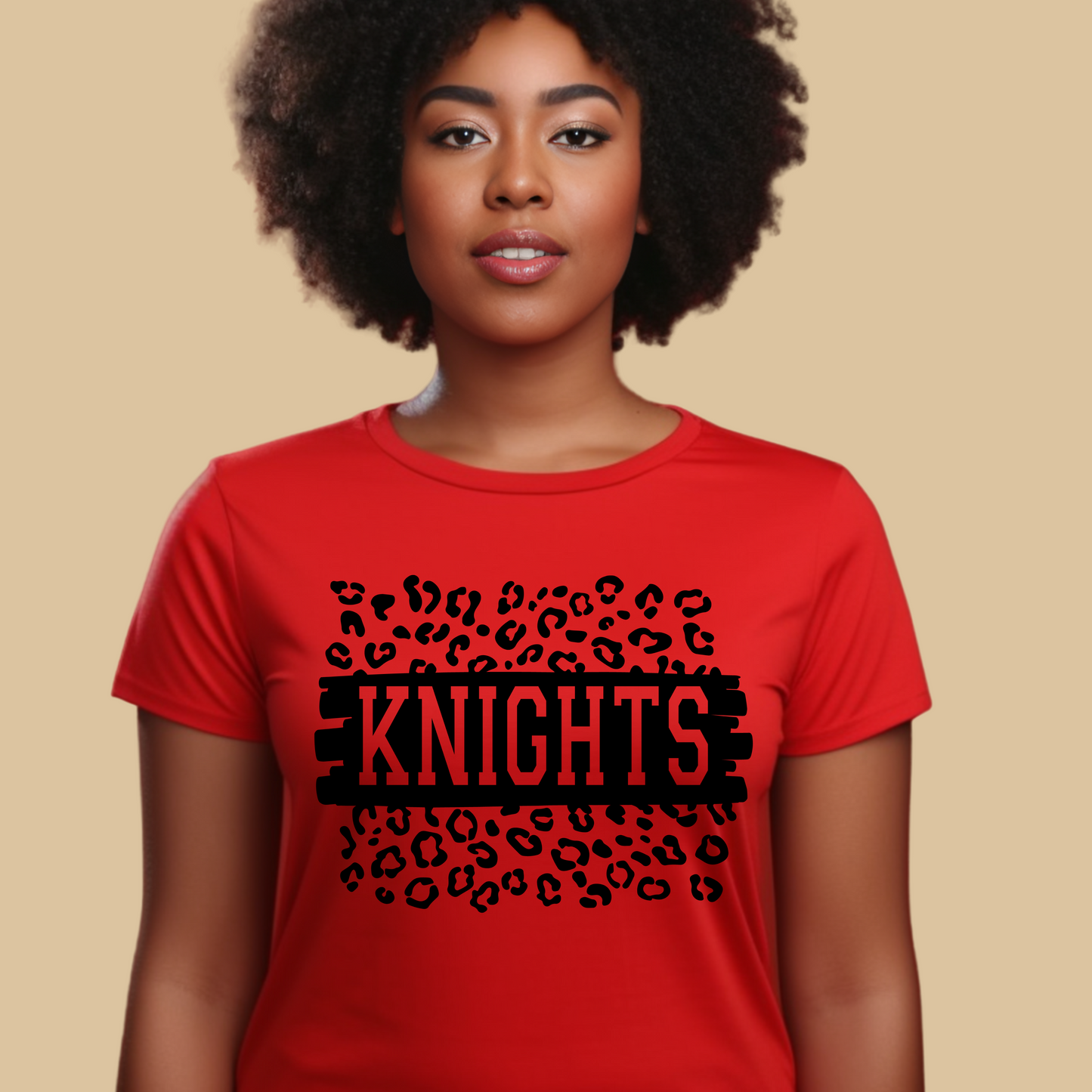 Person wearing a red t-shirt with 'KNIGHTS' and leopard print design on a beige background Knights School Spirit Shirt - Knights Leopard - School Pride Graphic T-Shirt
