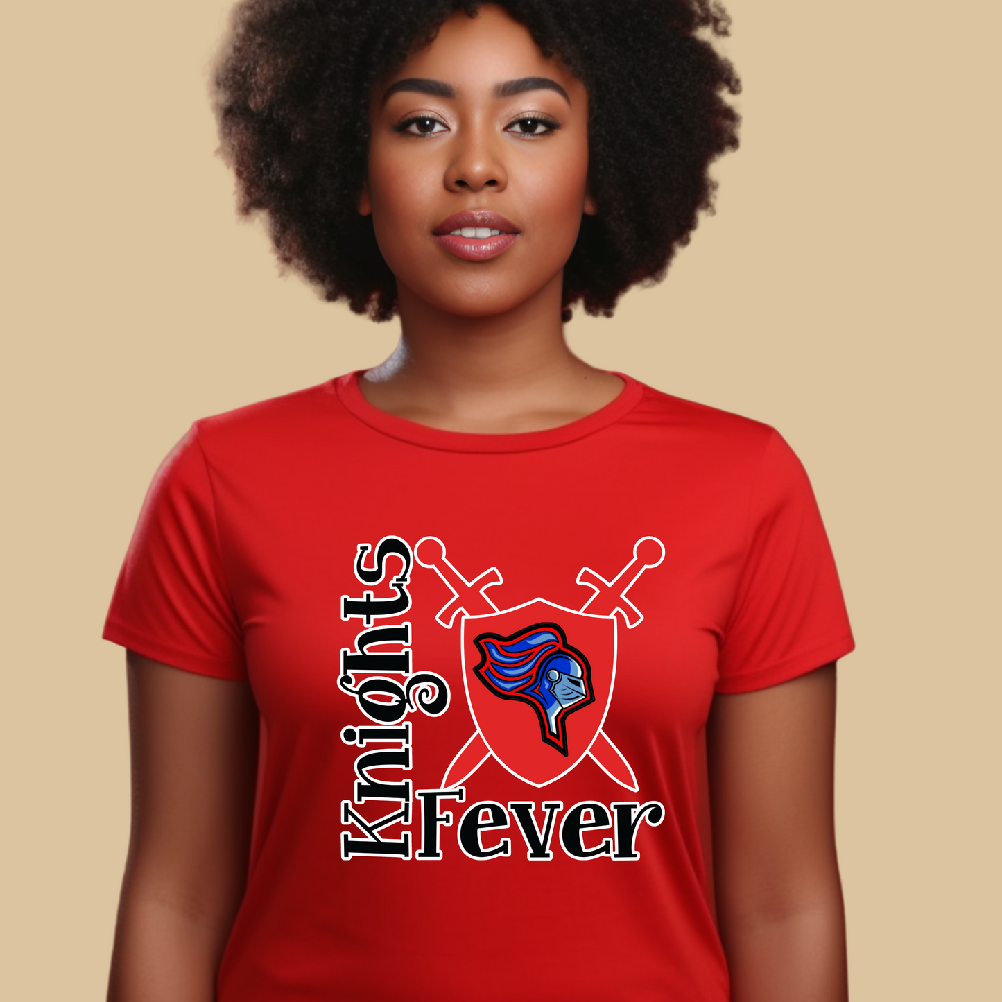 Person wearing a red 'Knights Fever' t-shirt with a logo on a beige background Knights School Spirit Shirt - Knights Fever - Rep the Knights Tee